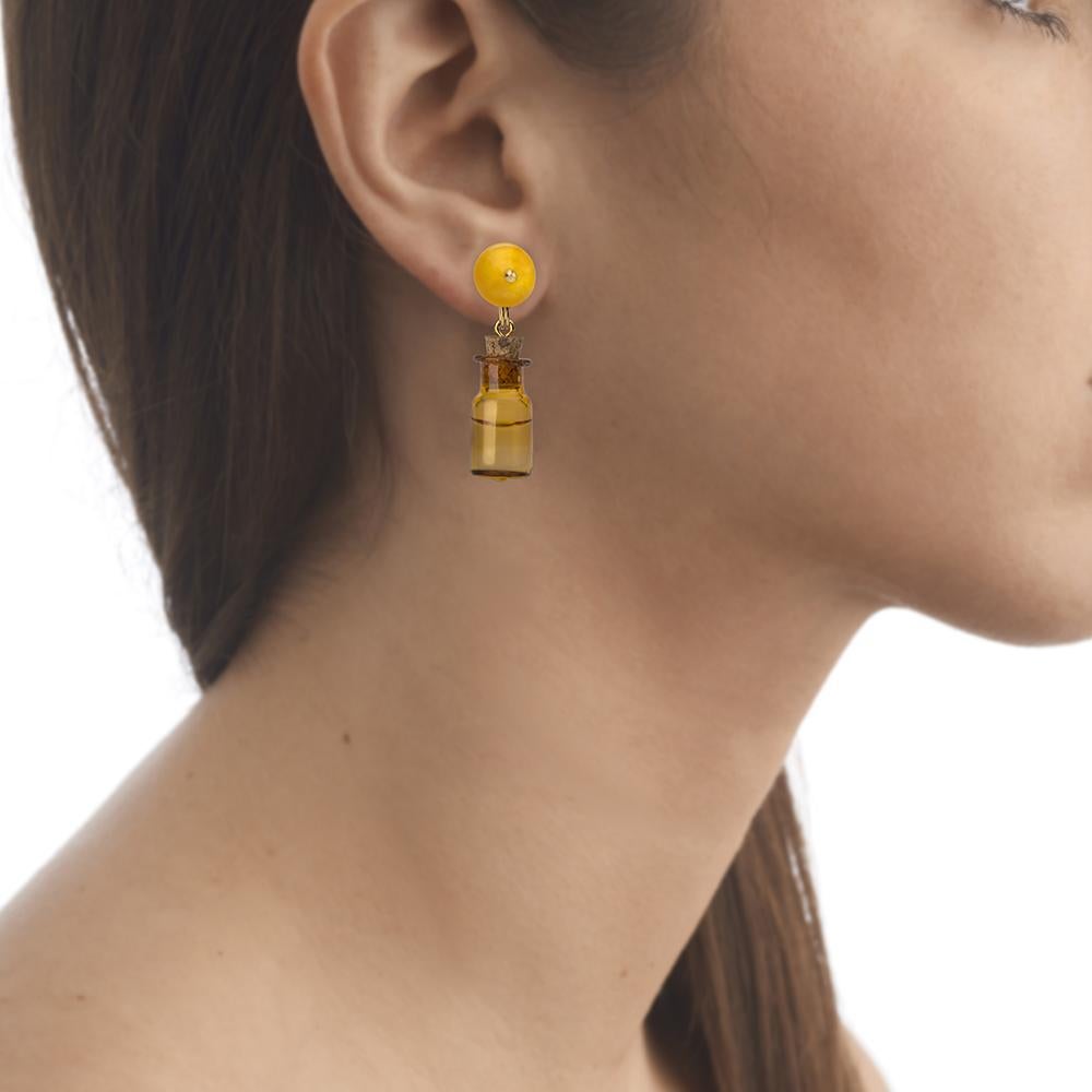 18 Carat Yellow Gold Vermeil, Brass, Jade and Glass 'In-case-of-Emergency Earrings
Detachable / interchangeable components

As the name suggests, these earrings playfully interpret the need for a good drink. If requested, the bottles can also come