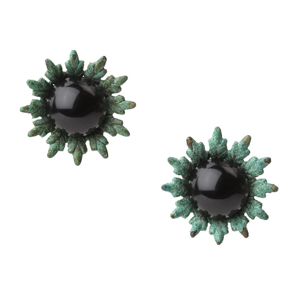 18 Carat Yellow Gold Vermeil, Verdigris Brass and Agate Flower Bud Earrings For Sale 7