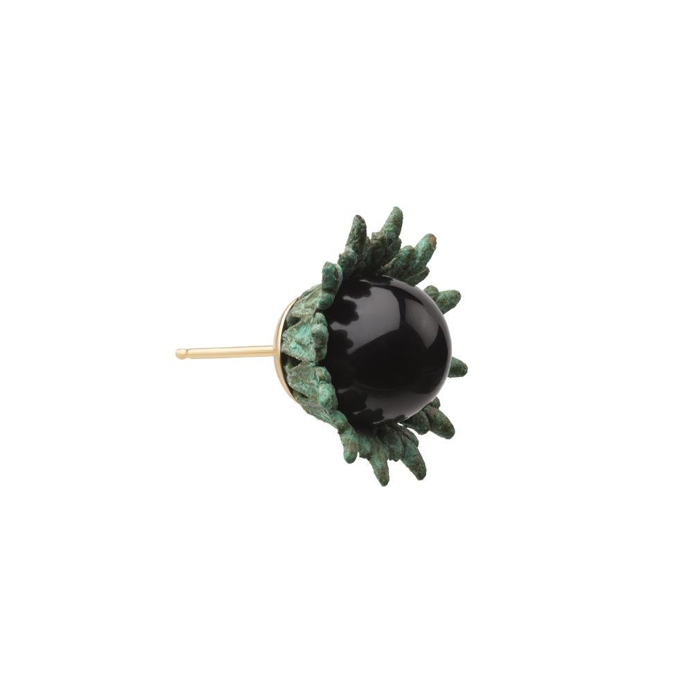 18ct yellow gold vermeil, onyx and verdigris brass earrings

These 'First Bud' Earrings draw their inspiration from the new growth shoots found sprouting from box hedges at every direction at the turn of spring. The round bead at the centre is a