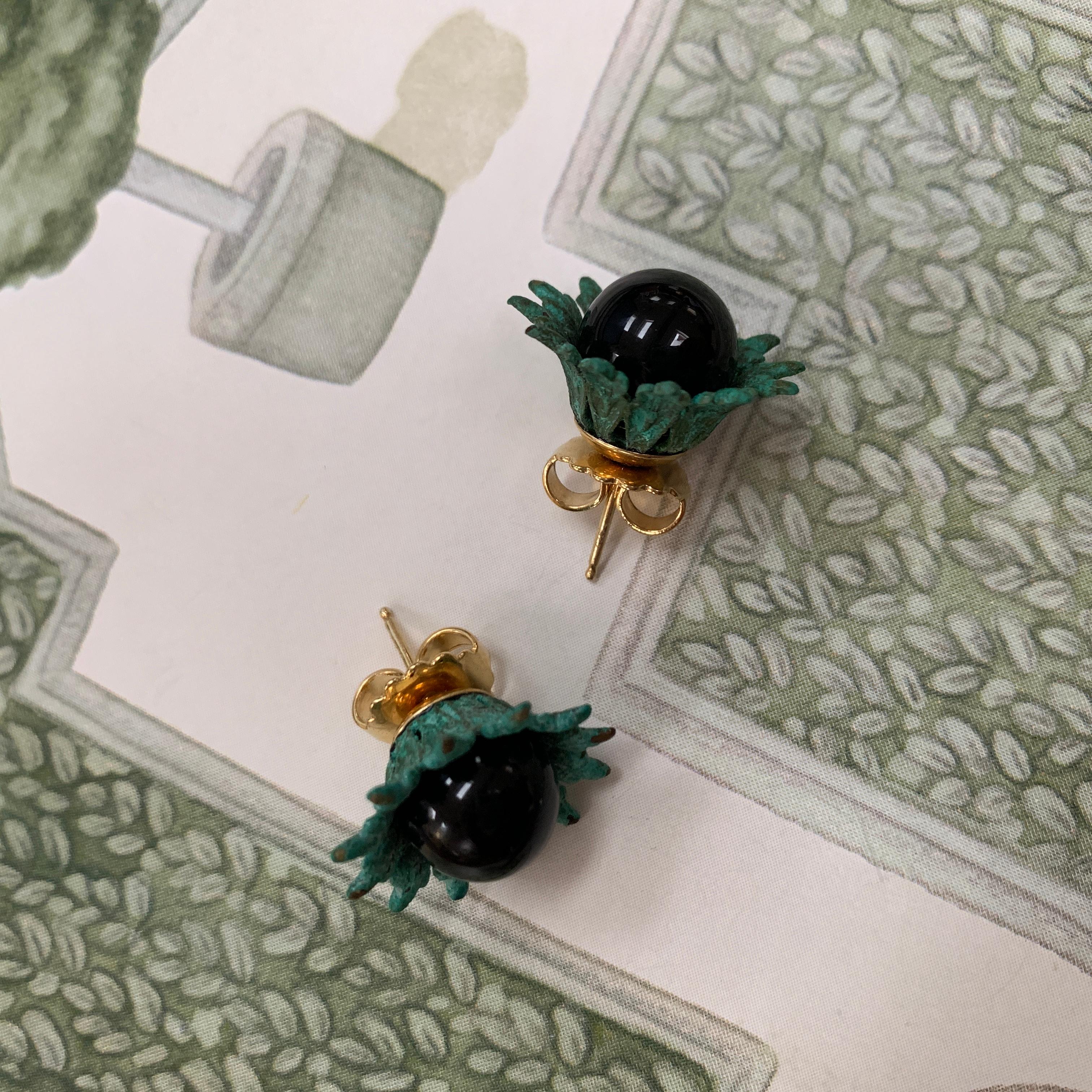 18ct Yellow Gold Vermeil, Verdigris Brass and Onyx Flower Bud Earrings For Sale 1