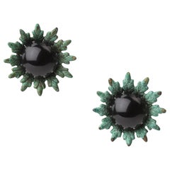 18ct Yellow Gold Vermeil, Verdigris Brass and Onyx Flower Bud Earrings 18ct Yellow Gold Vermeil, Verdigris Brass and Onyx Flower Bud Earrings