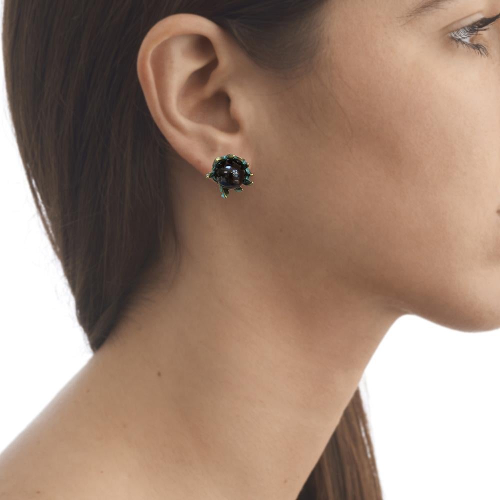 Contemporary 18 Carat Yellow Gold Vermeil, Verdigris Brass and Onyx Stud Earrings For Sale