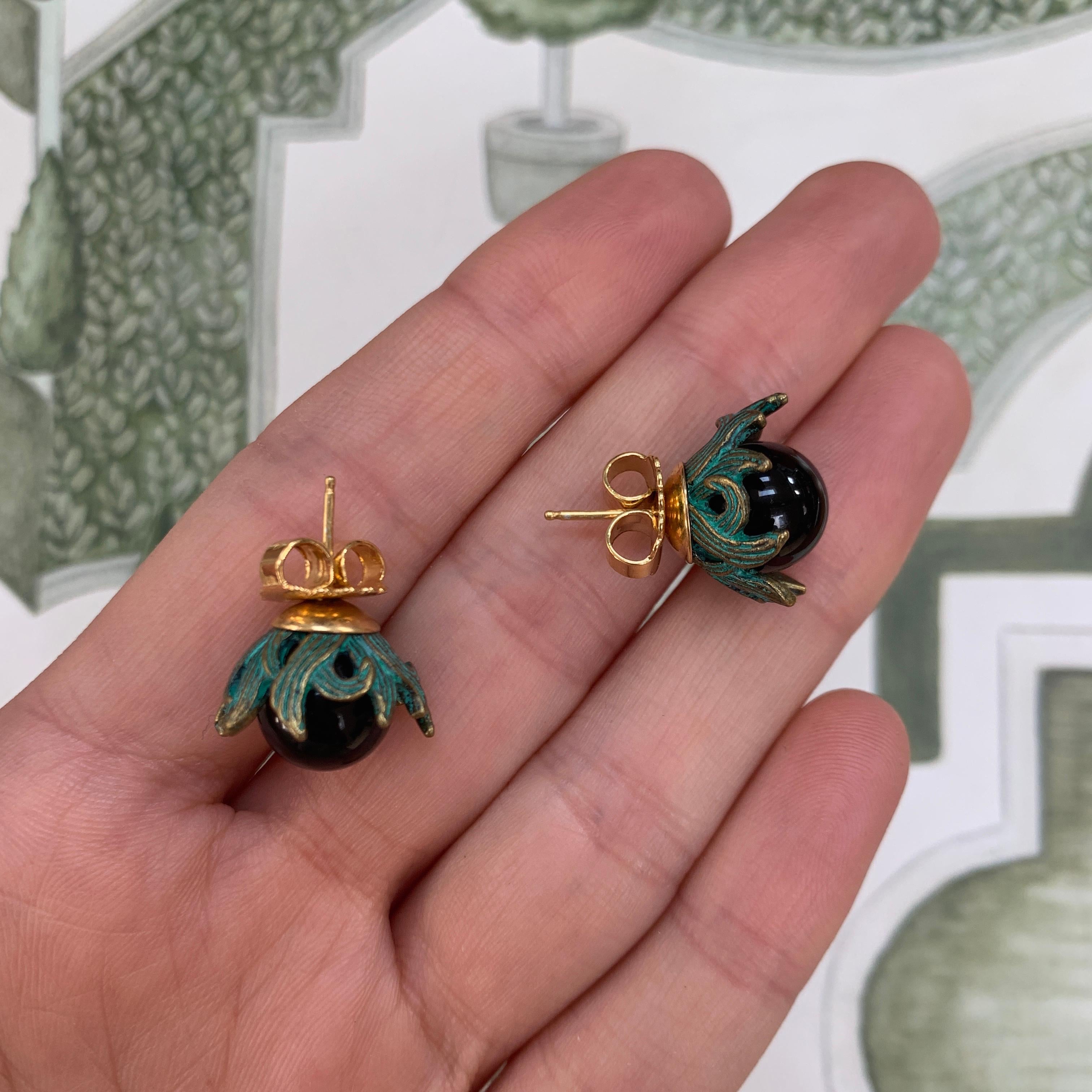 Women's 18 Carat Yellow Gold Vermeil, Verdigris Brass and Onyx Stud Earrings For Sale