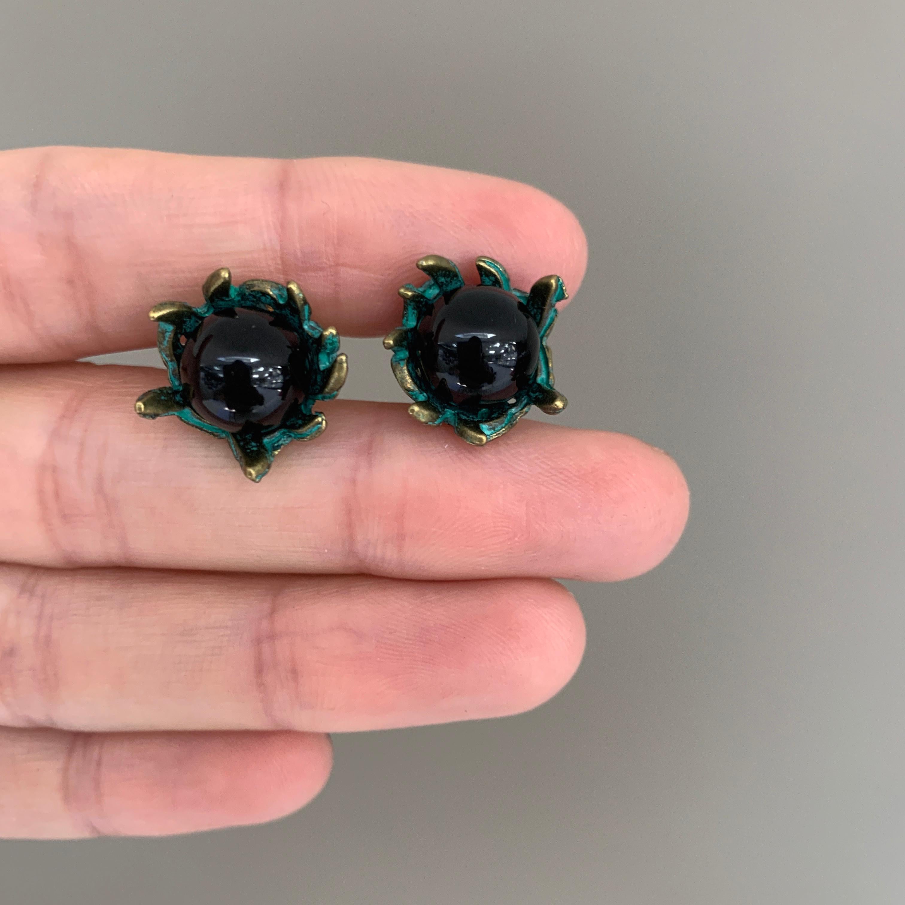 18 Carat Yellow Gold Vermeil, Verdigris Brass and Onyx Stud Earrings For Sale 2