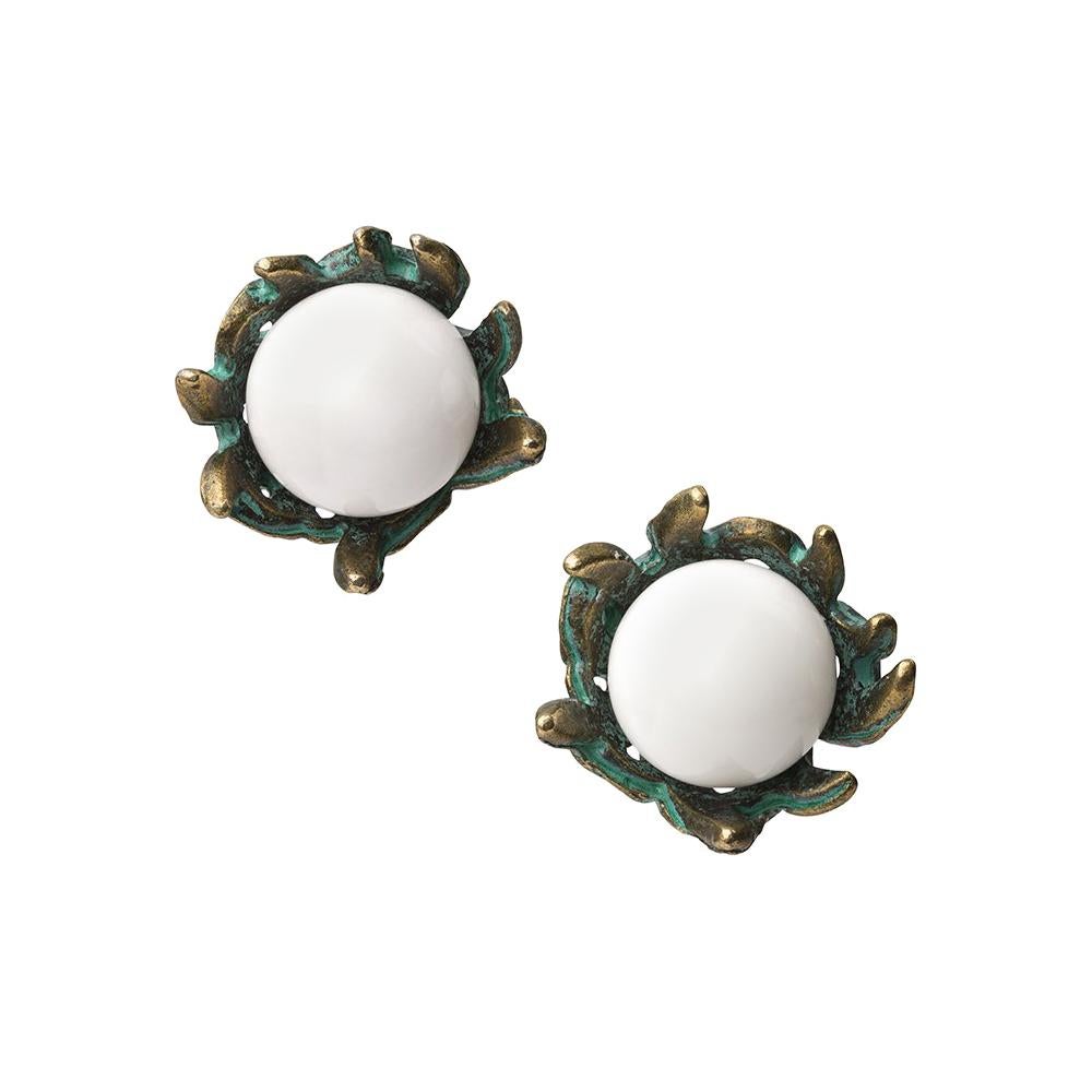 18 Carat Yellow Gold Vermeil, Verdigris Brass and Onyx Stud Earrings For Sale 3