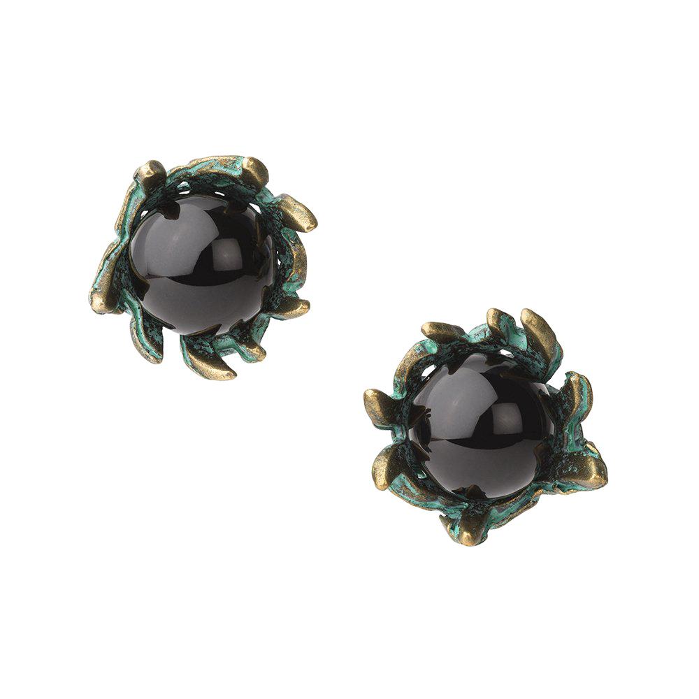 18 Carat Yellow Gold Vermeil, Verdigris Brass and Onyx Stud Earrings For Sale