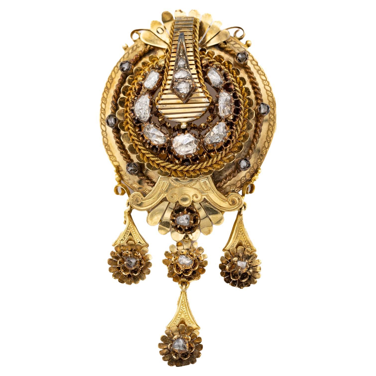 18ct yellow gold Victorian brooch - Large and heavy foiled back diamond heirloom For Sale