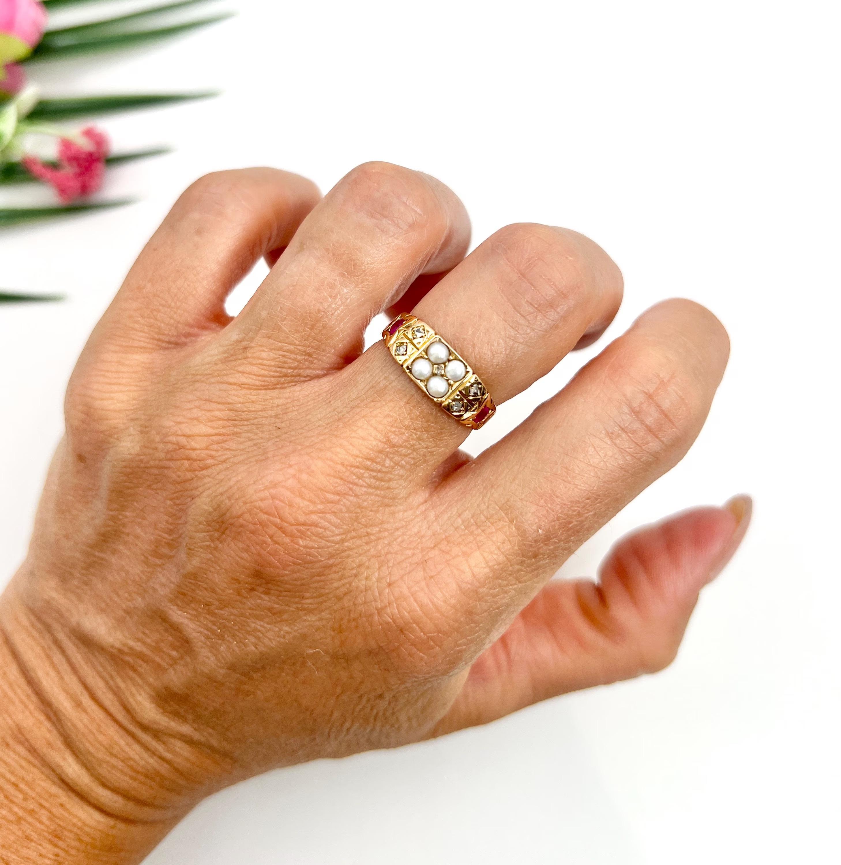 Round Cut 18ct Yellow Gold Victorian Ruby, Pearl & Diamond Ring Hallmarked Birmingham 1877 For Sale