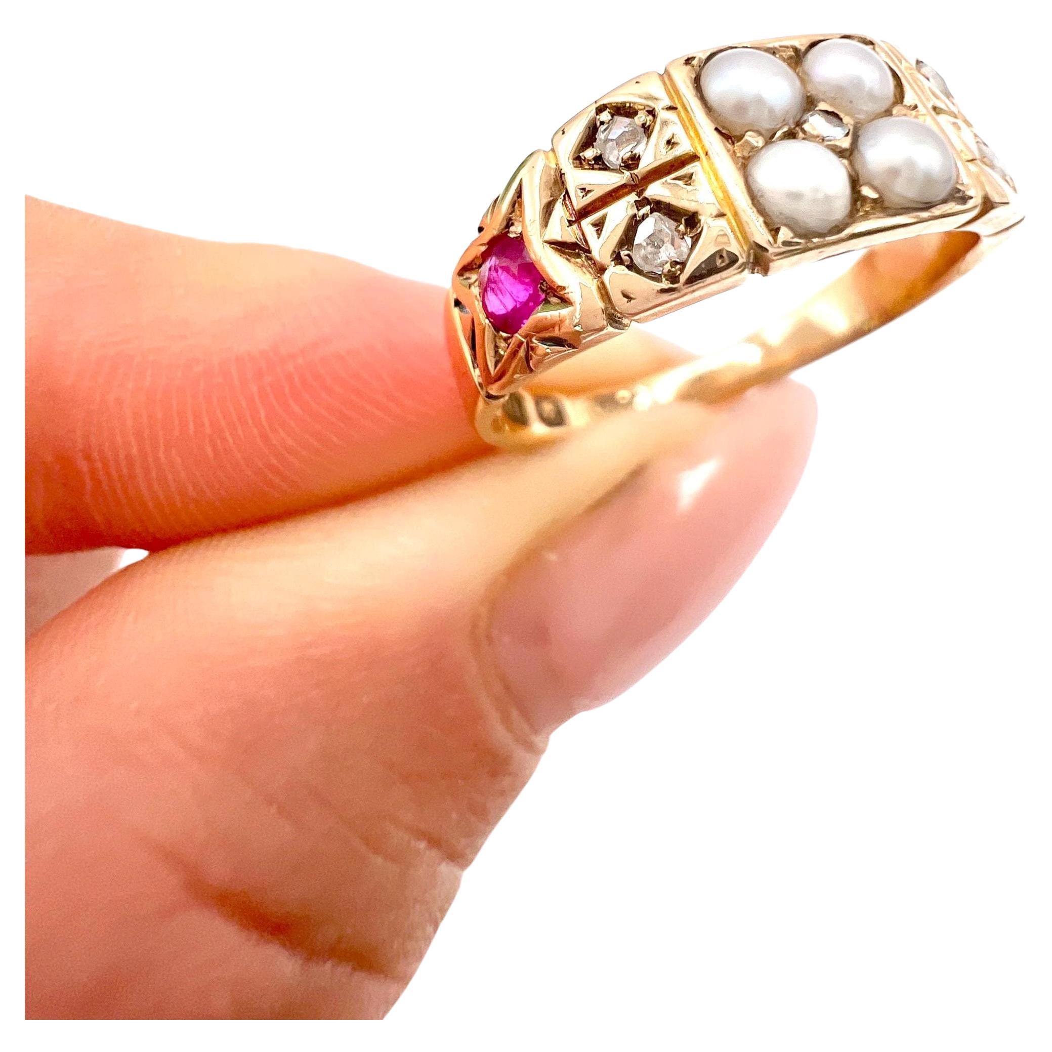 18ct Yellow Gold Victorian Ruby, Pearl & Diamond Ring Hallmarked Birmingham 1877 For Sale