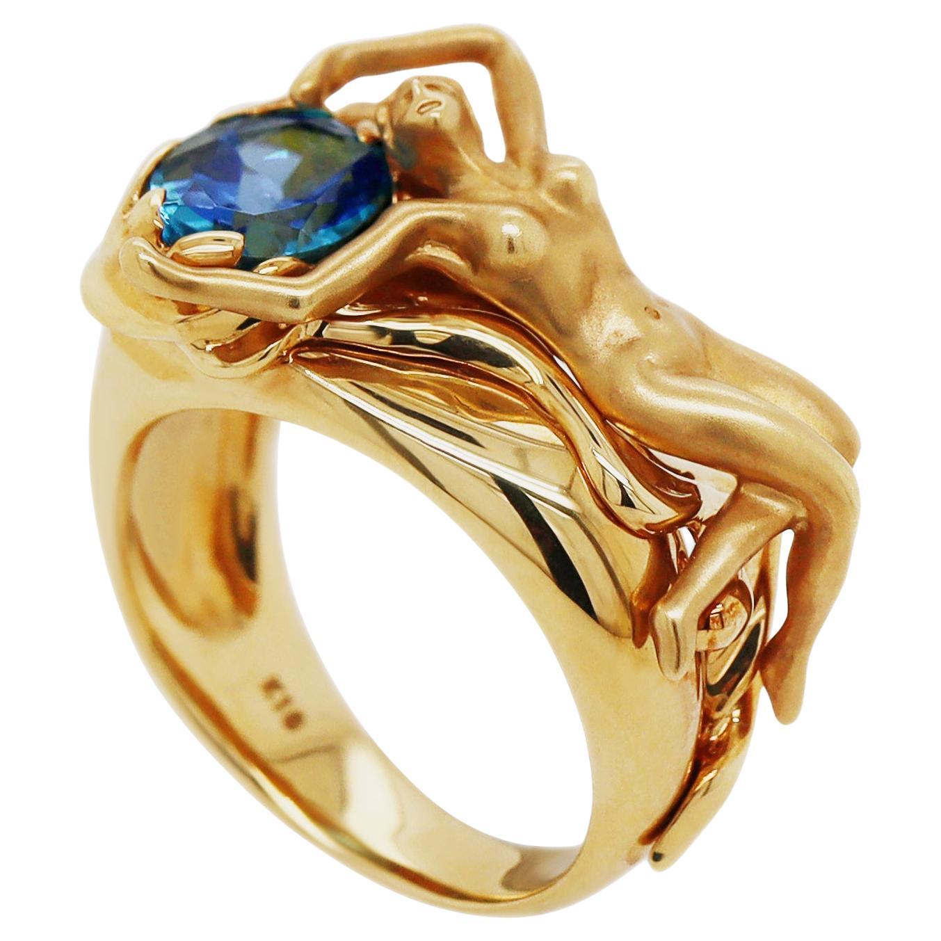 18CT Gelbgold Vintage Naked Maiden Topas Art Deco Cocktail-Ring
