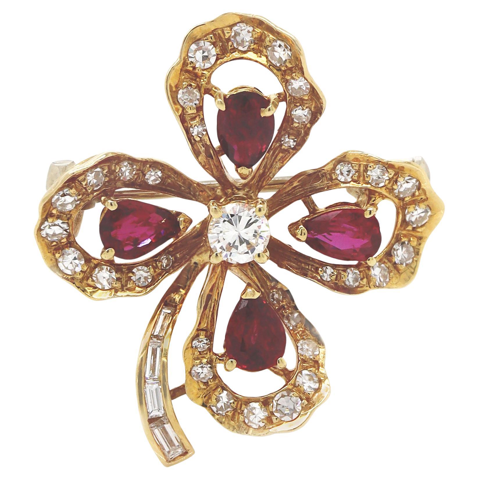 18ct Gelbgold Vintage Rubin & Diamant Kleeblatt Brosche