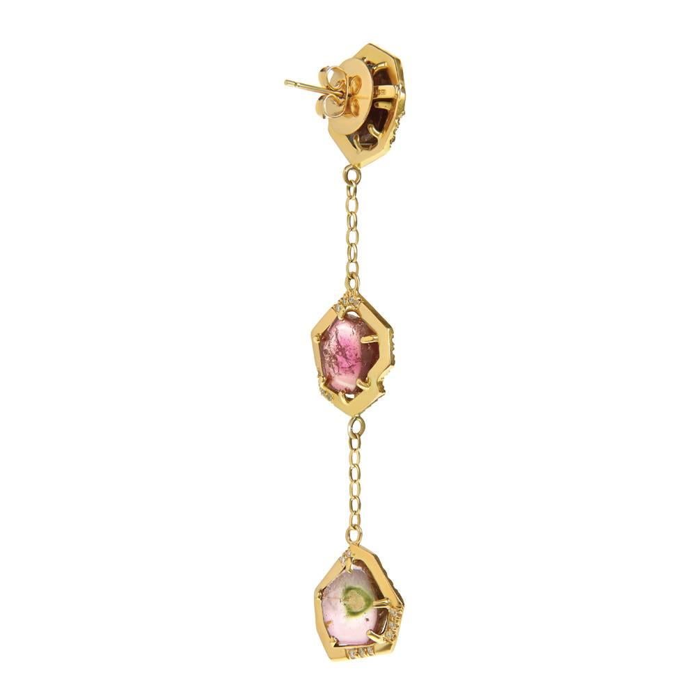 18ct yellow gold, watermelon tourmaline and diamond earrings
One-of-a-kind
Hallmarked

As noted by British Tatler Magazine, “They’re little swingy zips of colour that will make your ears very pleased with you when you put them on. Buy them and
