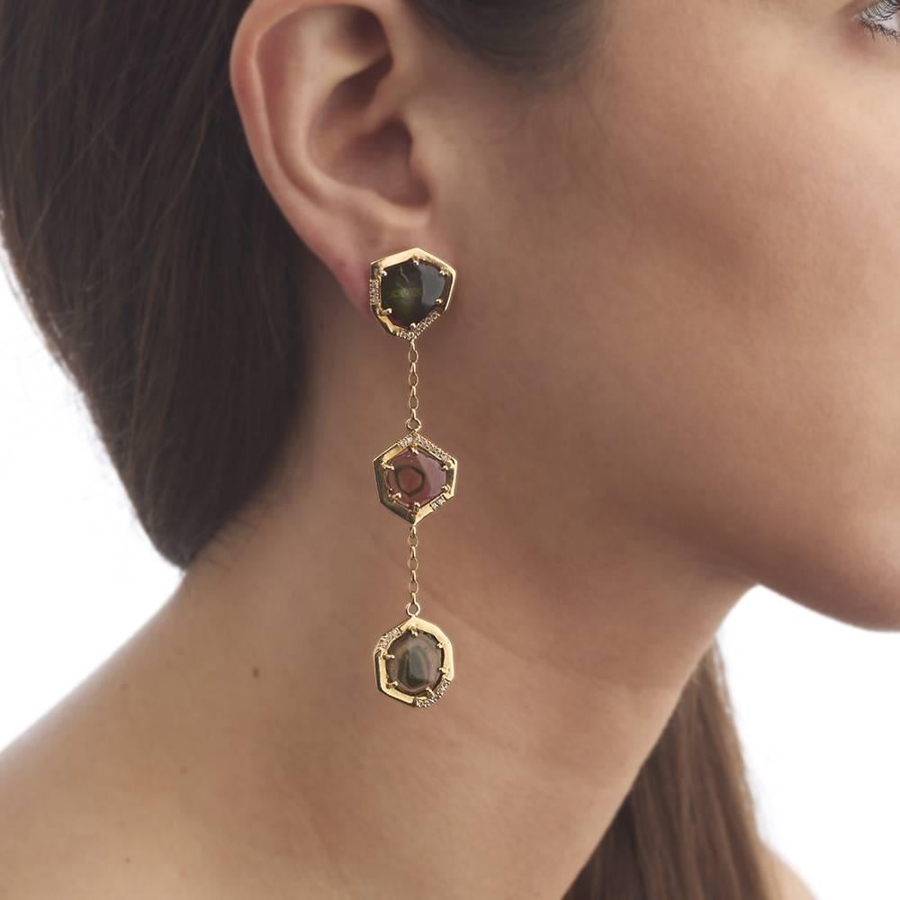 Contemporary 18ct Yellow Gold, Watermelon Tourmaline and Diamond Earrings For Sale