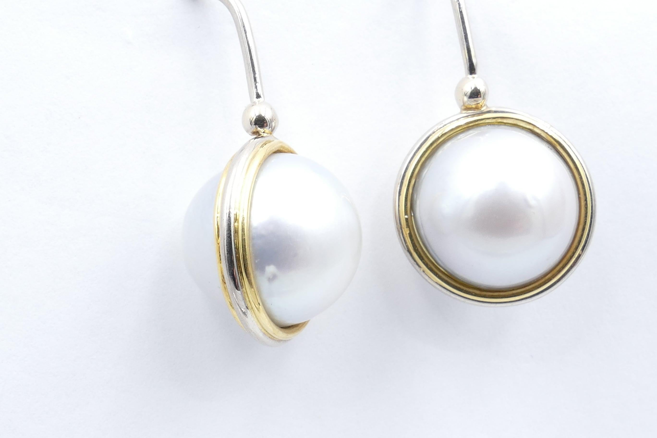 Modern 18 Carat Yellow Gold/White Gold Double Side Pearl Earrings For Sale