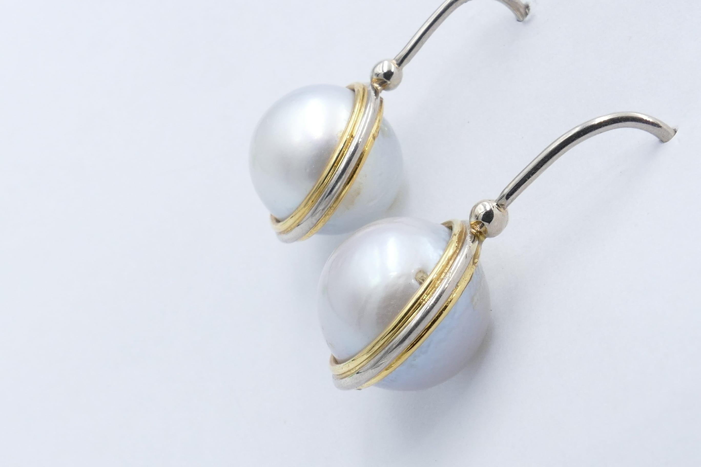 Round Cut 18 Carat Yellow Gold/White Gold Double Side Pearl Earrings For Sale