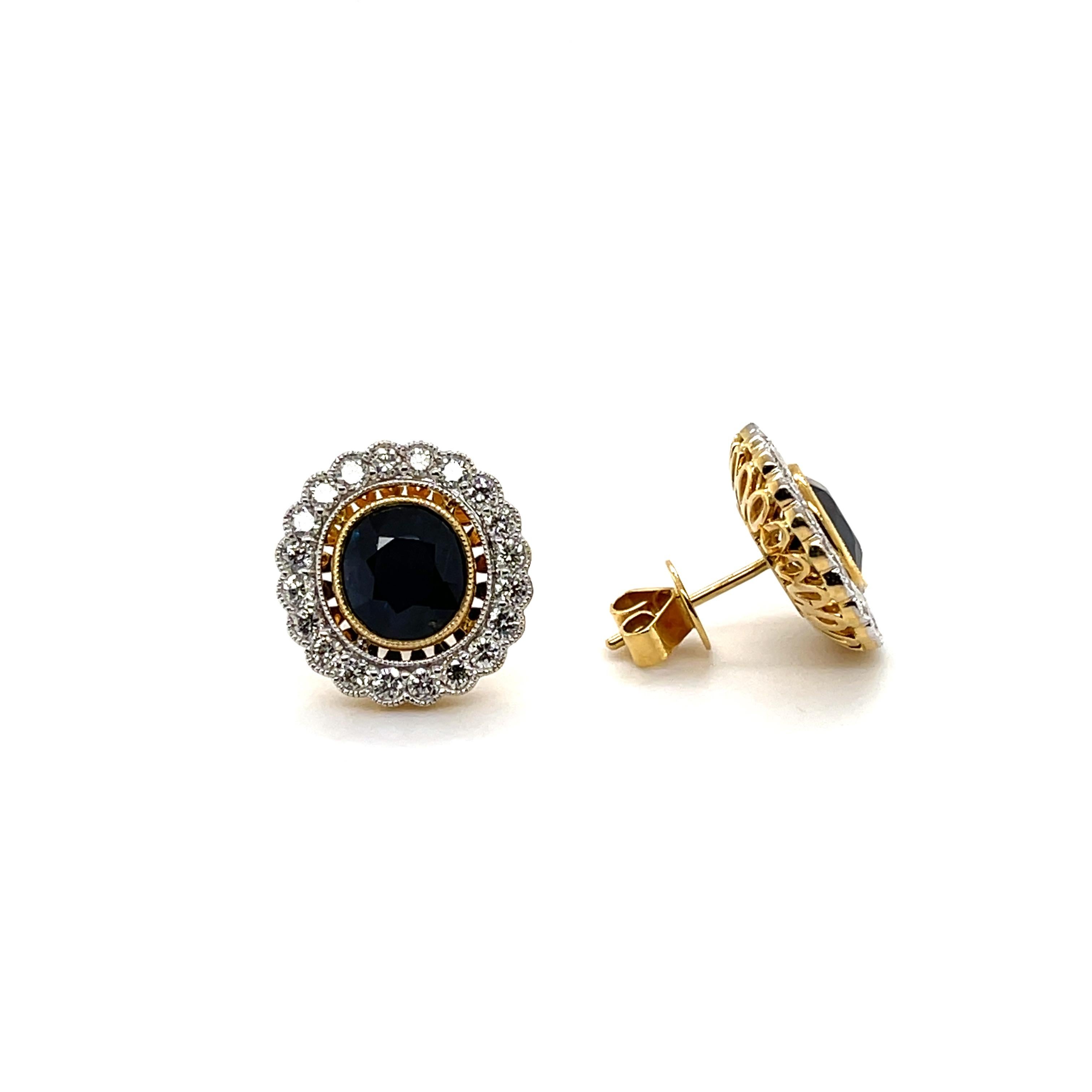 Contemporary 18ct Yellow 'No Heat' Gold Burmese Sapphire and Diamond Earrings For Sale
