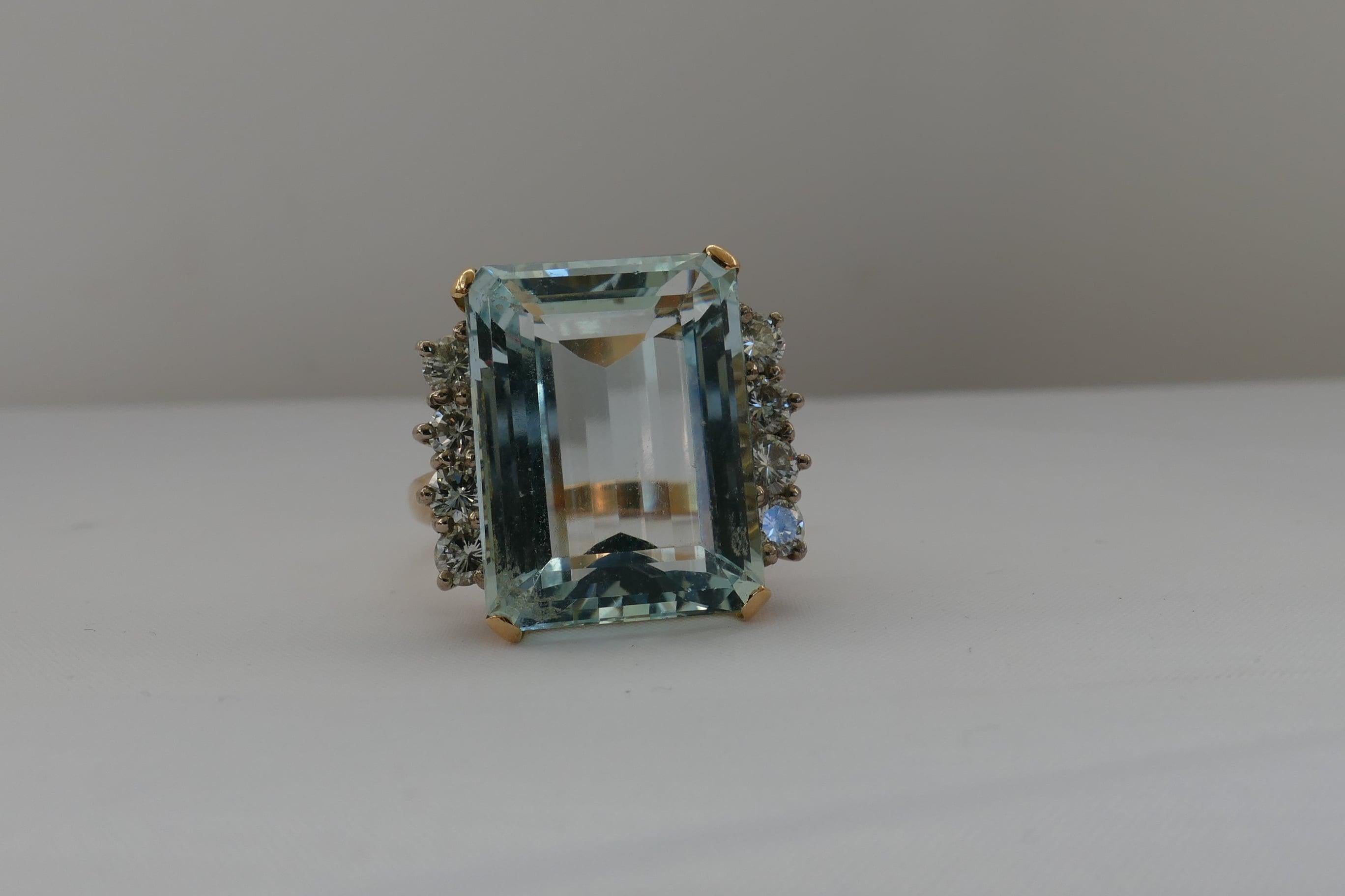 Art Deco 18 Carat Yellow and White Gold Aquamarine and Diamond Cocktail Ring