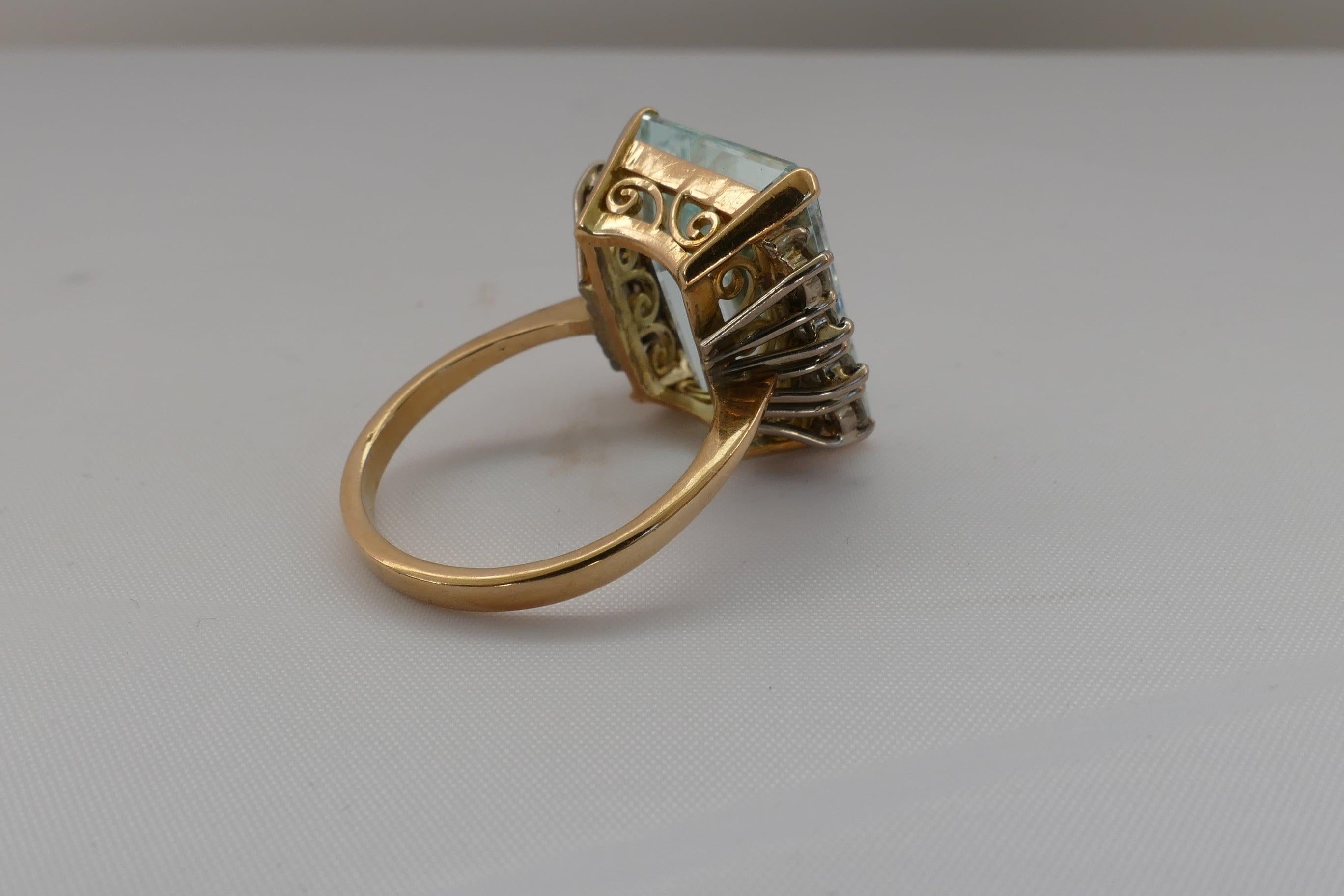 Emerald Cut 18 Carat Yellow and White Gold Aquamarine and Diamond Cocktail Ring