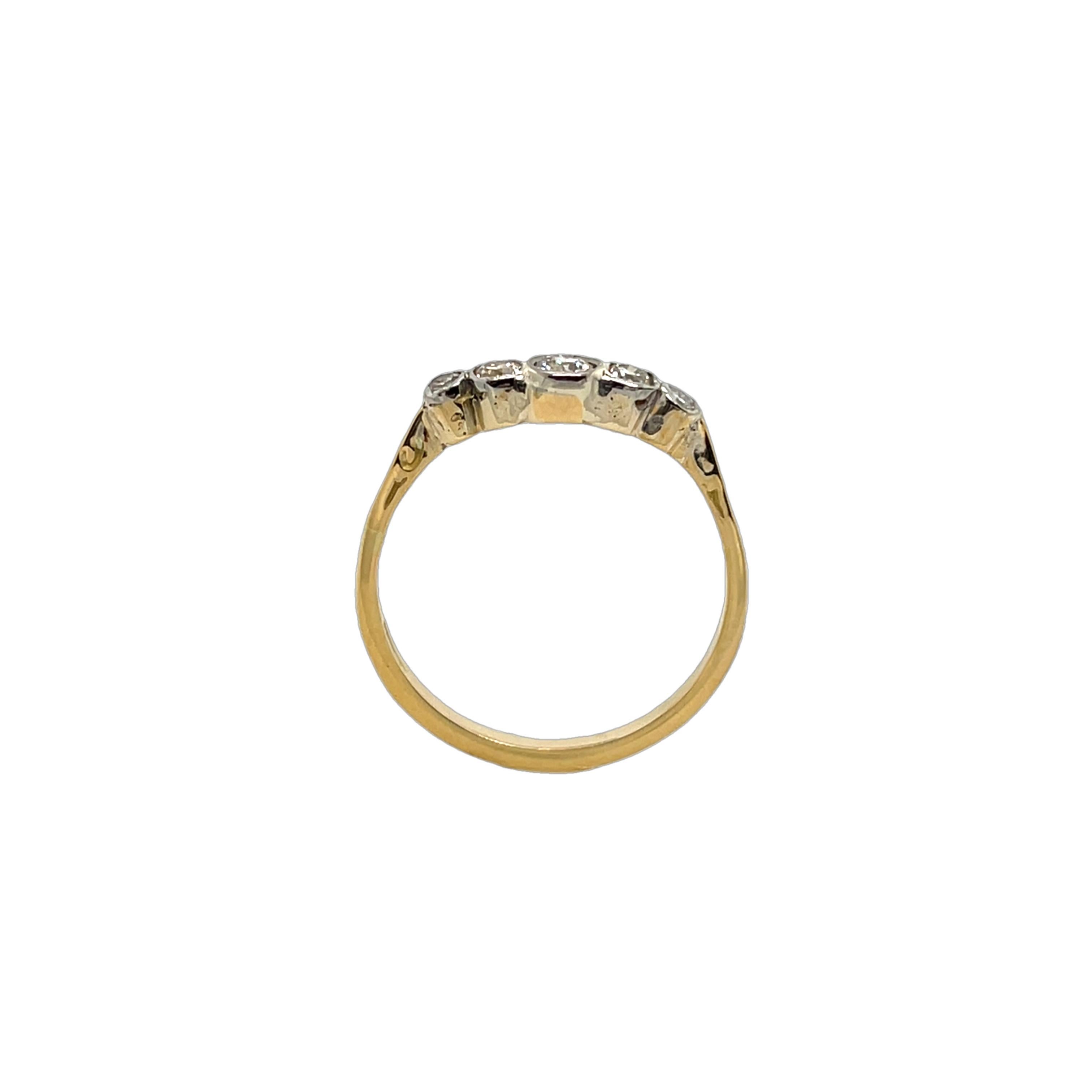  This elegant 18ct yellow & white gold 5 stone ring is 
set with 0.25ct of sparkling rose cut diamonds. 
The timeless design symbolizes everlasting love, 
making it a perfect choice for anniversaries or special occasions.
Total Diamond Weight: