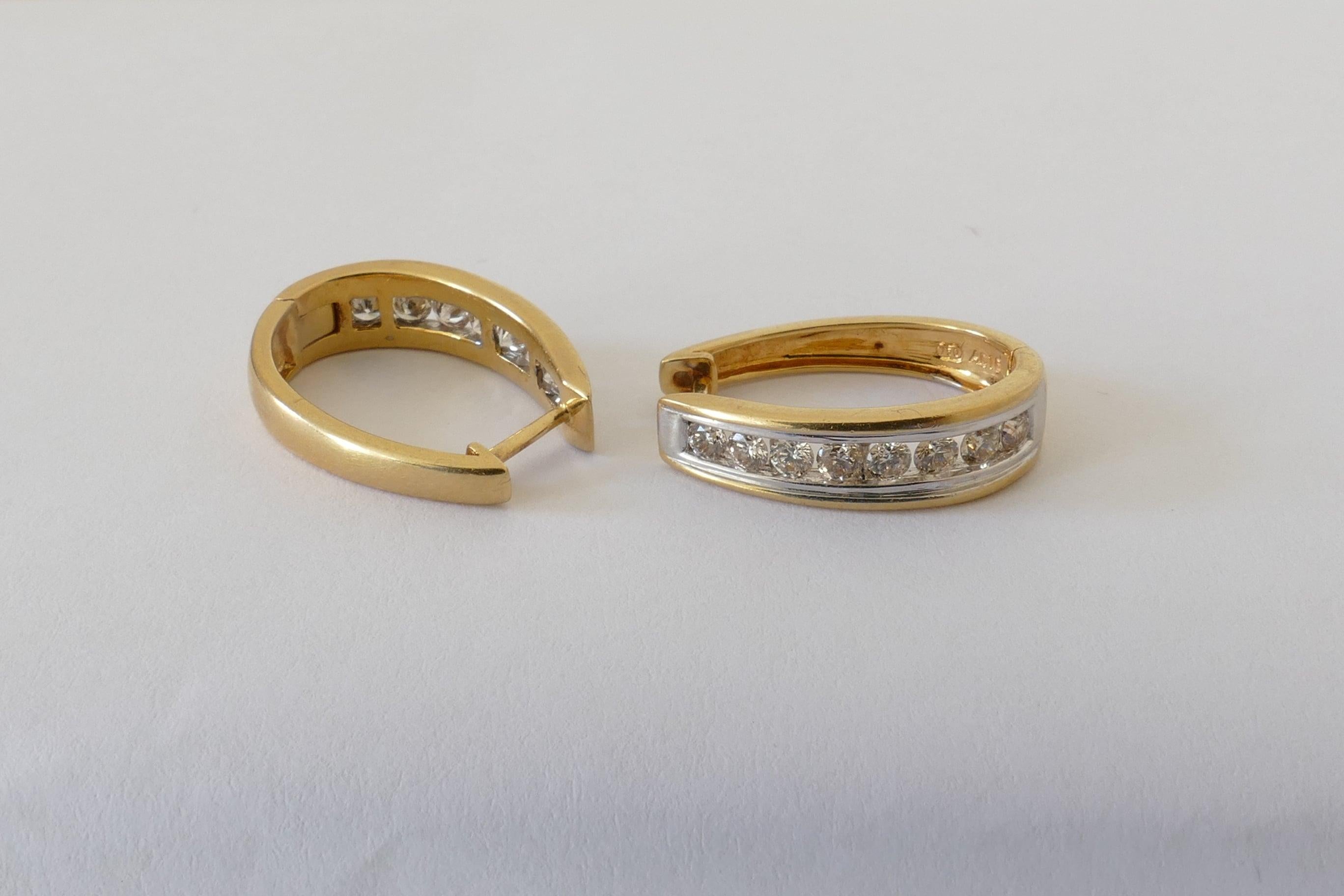 Modern 18 Carat Yellow and White Gold Oval Huggie Style Diamond Earrings