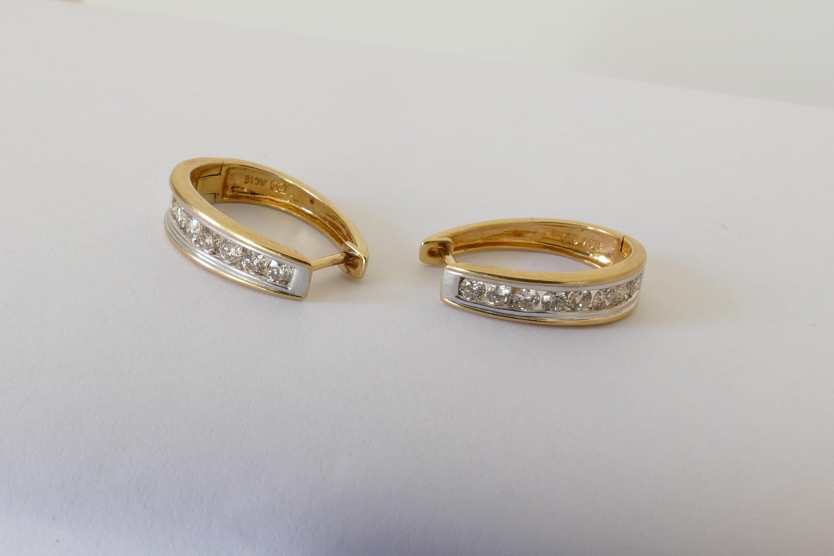 Oval Cut 18 Carat Yellow and White Gold Oval Huggie Style Diamond Earrings