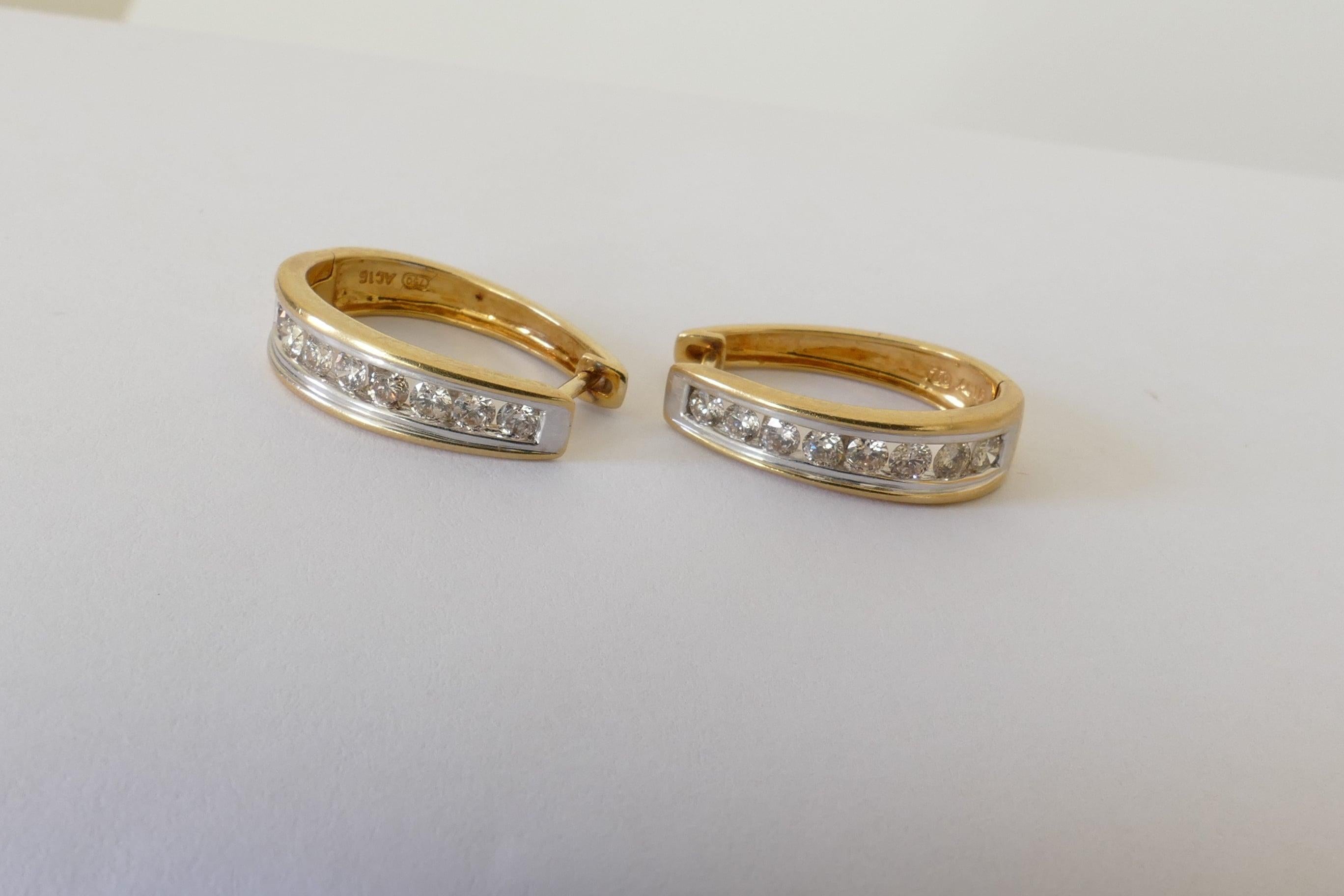 18 Carat Yellow and White Gold Oval Huggie Style Diamond Earrings In Excellent Condition In Splitter's Creek, NSW