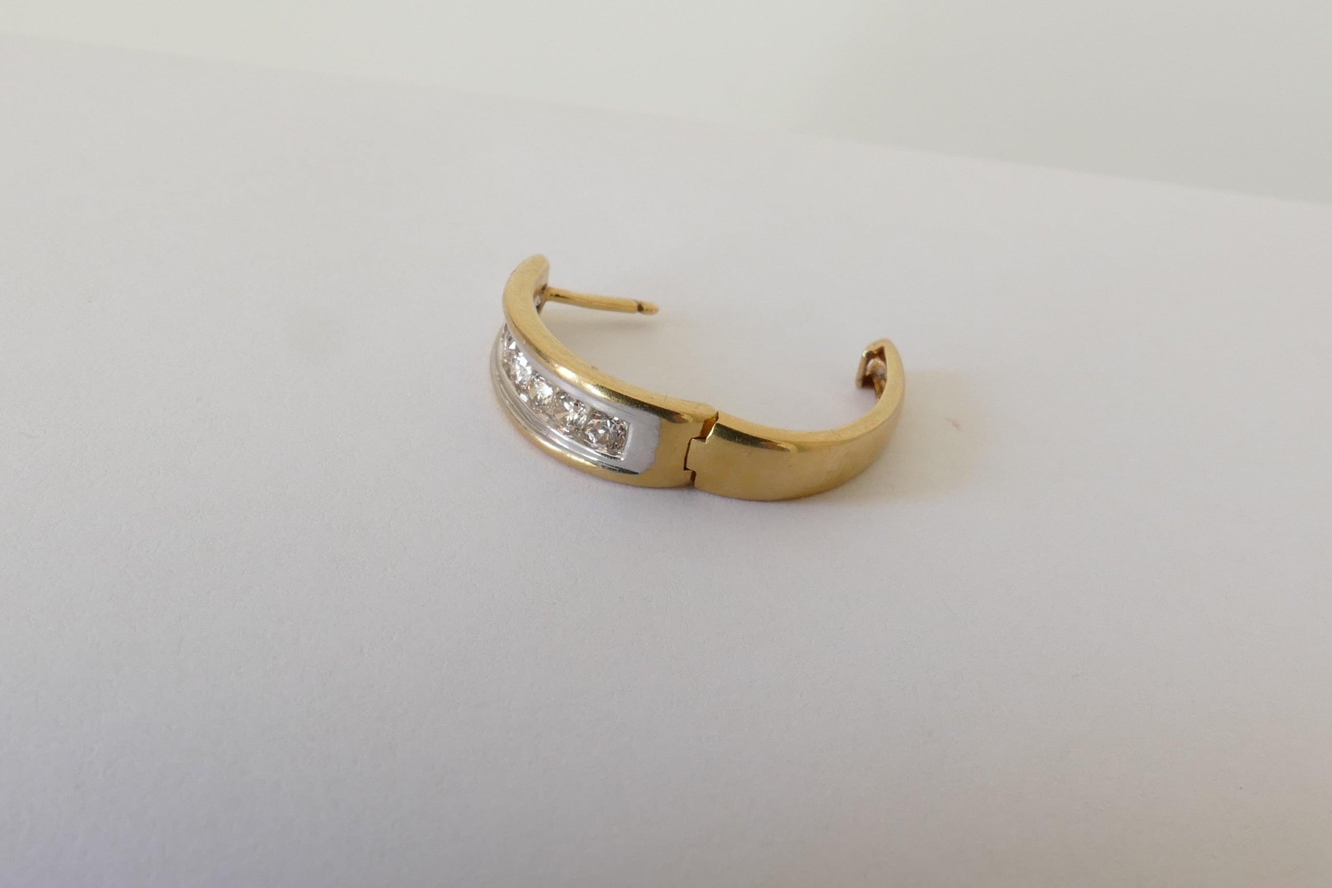 Women's 18 Carat Yellow and White Gold Oval Huggie Style Diamond Earrings