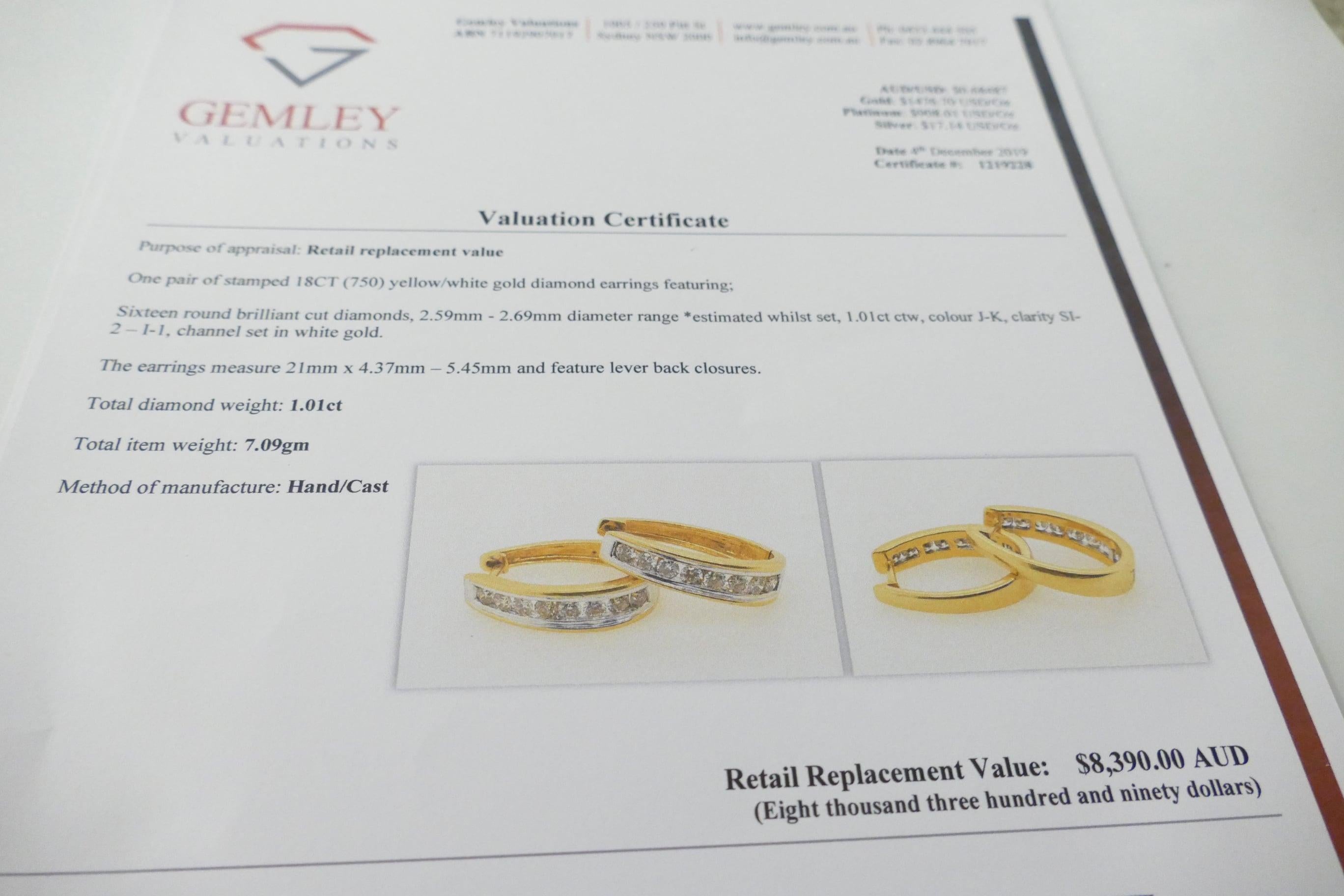 18 Carat Yellow and White Gold Oval Huggie Style Diamond Earrings 1