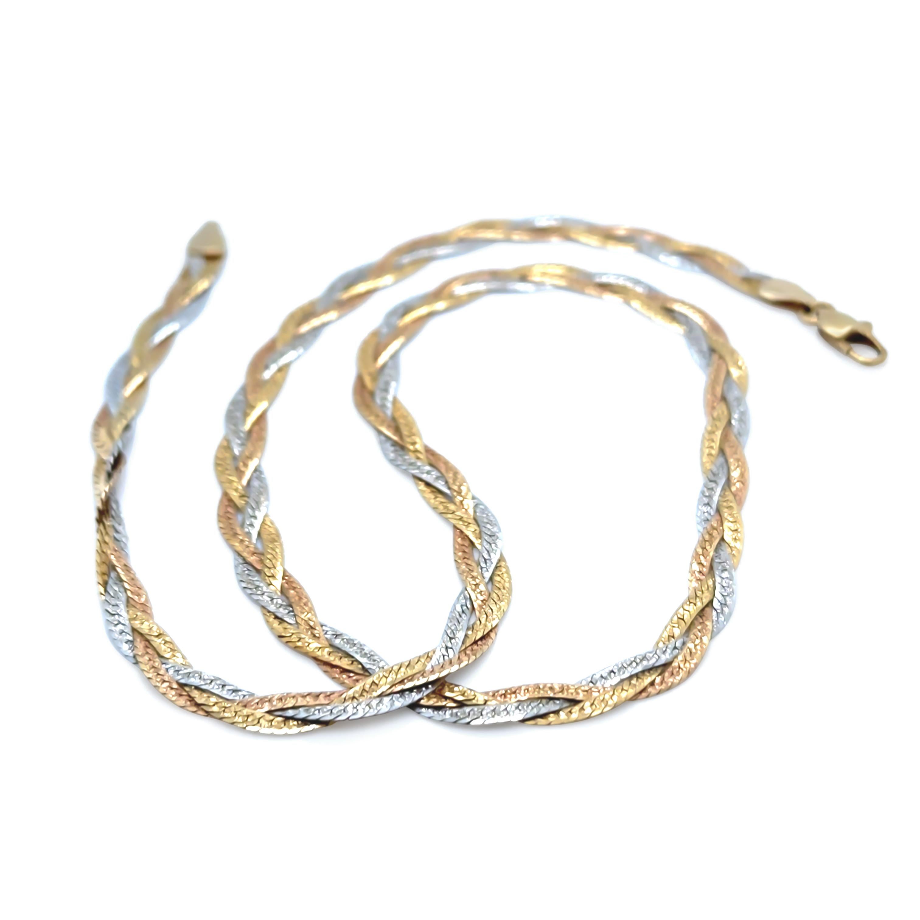 18ct Yellow, White & Rose Gold Triple Herringbone Necklace 11.1g 1