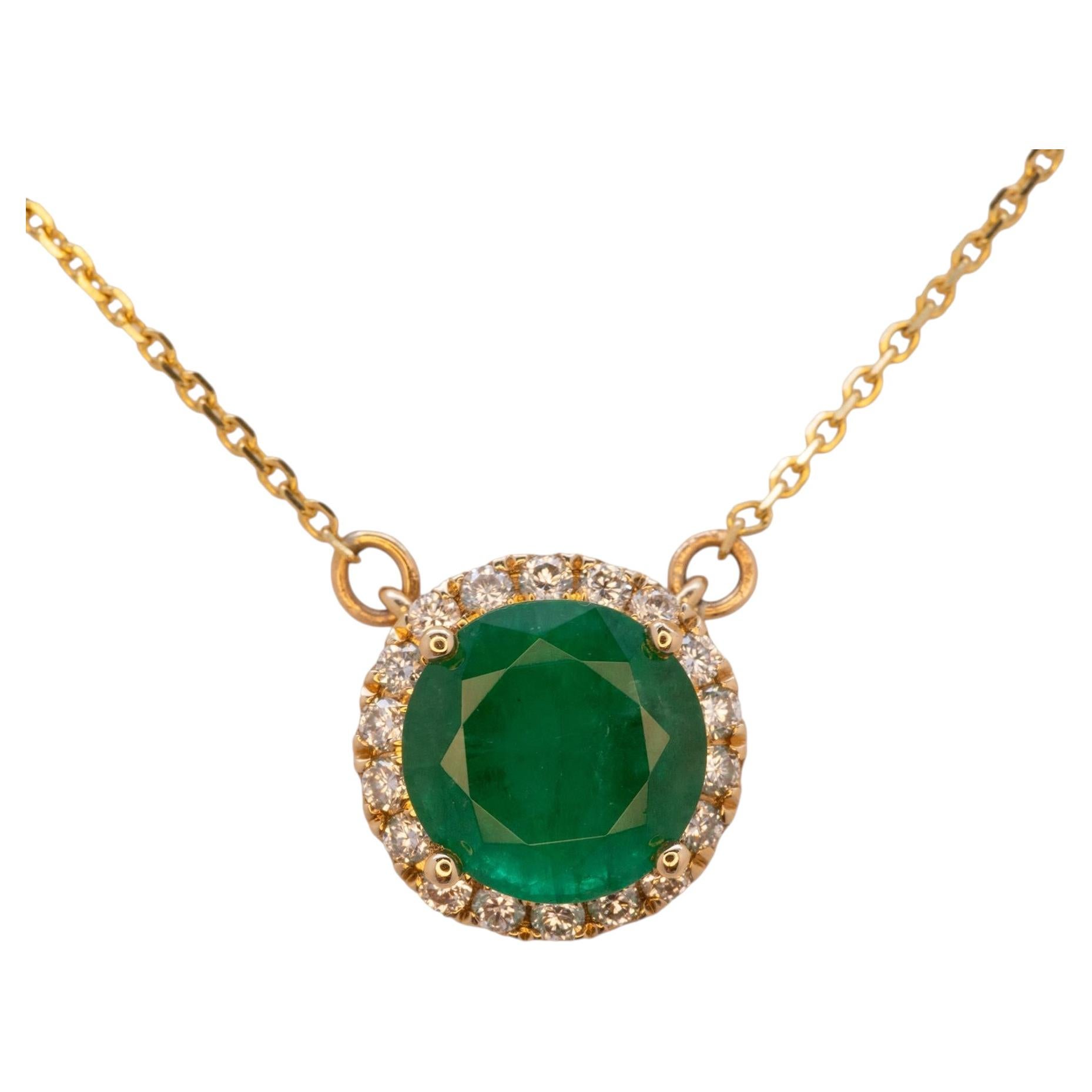 1.8Ct Zambian Emerald Necklace with Natural Diamond Accents: Solid 14K Gold, 8mm For Sale