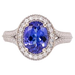Bague Tanzanite 1.8cts avec Diamants Naturels Halo : 14k Solid Gold, Oval 9x7mm