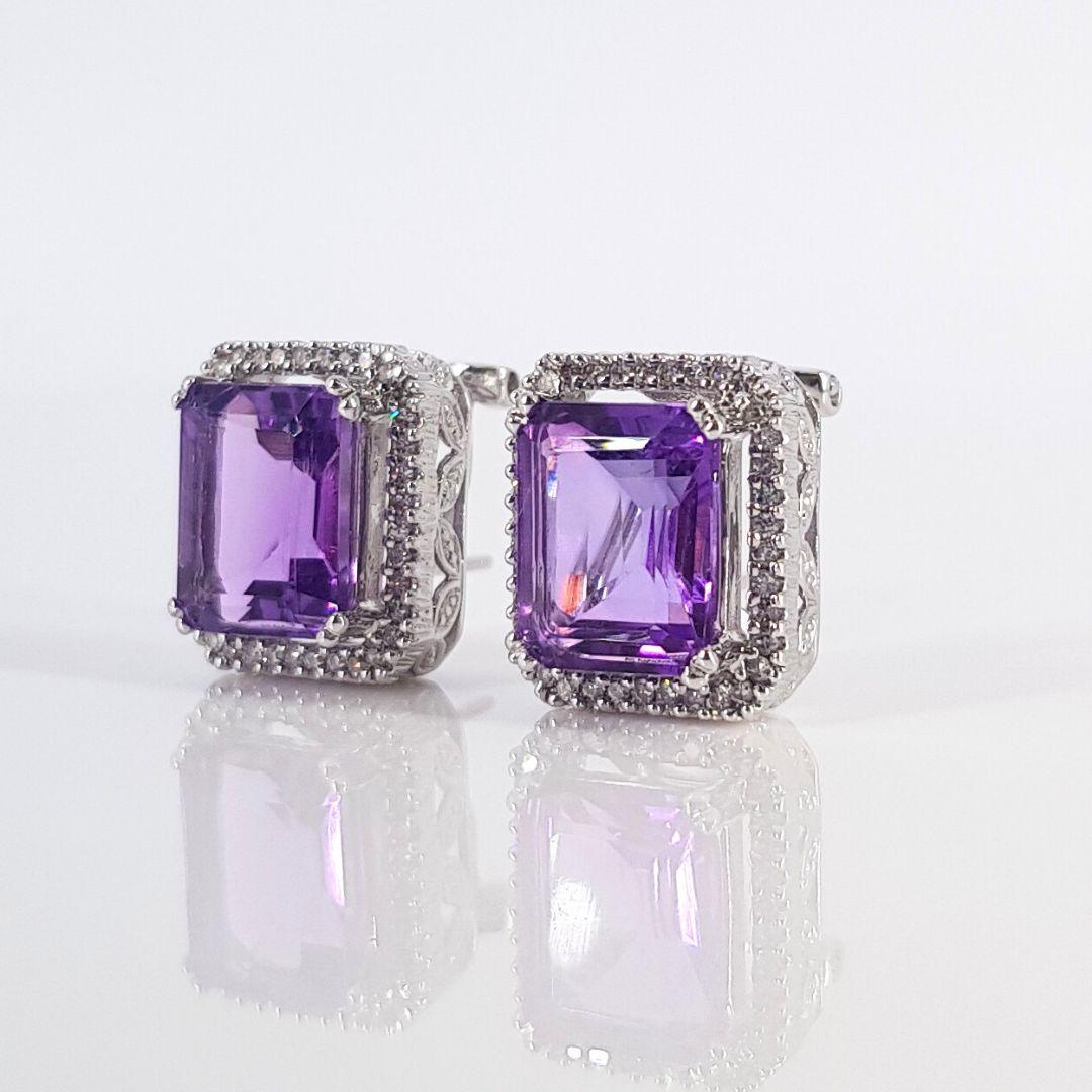 Emerald Cut 18cty White Gold Diamond and Amethyst Studs For Sale
