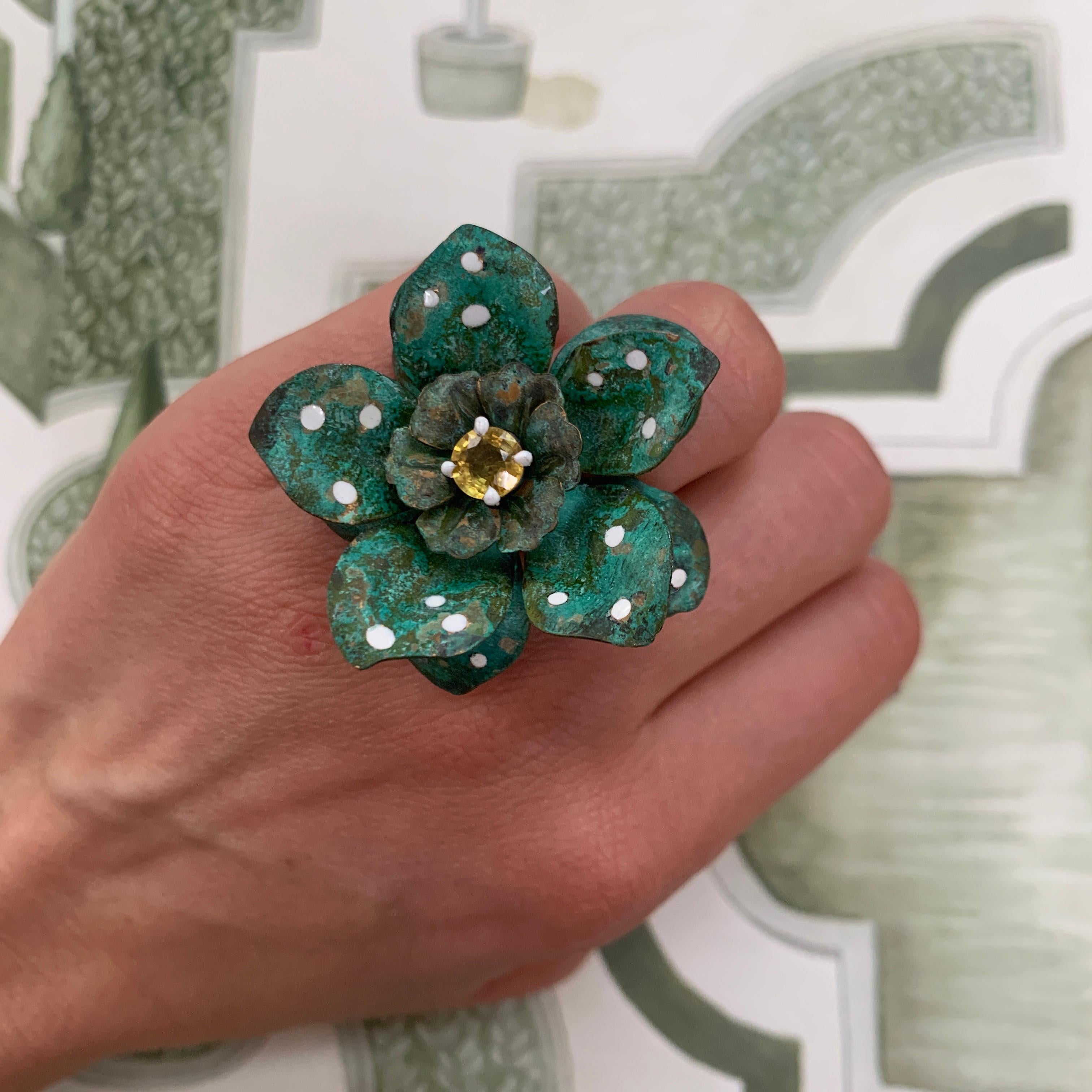 Women's 18 Carat Yellow Gold, Verdigris Brass, Rhodium, Enamel and Sapphire Flower Ring For Sale