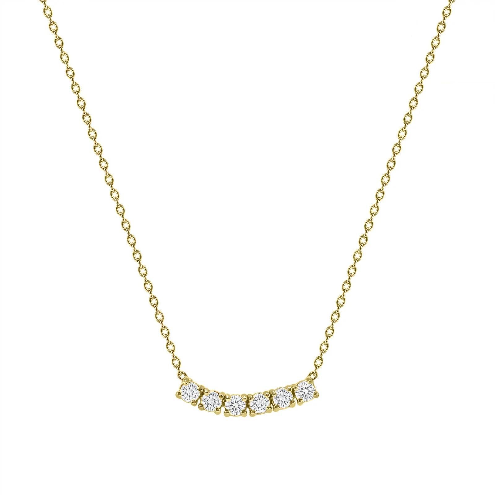 This petite, curved diamond necklace is crafted with gorgeous 14k gold set with six round diamonds.  

Gold: 14k 
Diamond Total Carats: 2 ct
Diamond Cut: Round (6 diamonds)
Diamond Clarity: VS
Diamond Color: F
Color: Yellow Gold
Necklace Length: 18