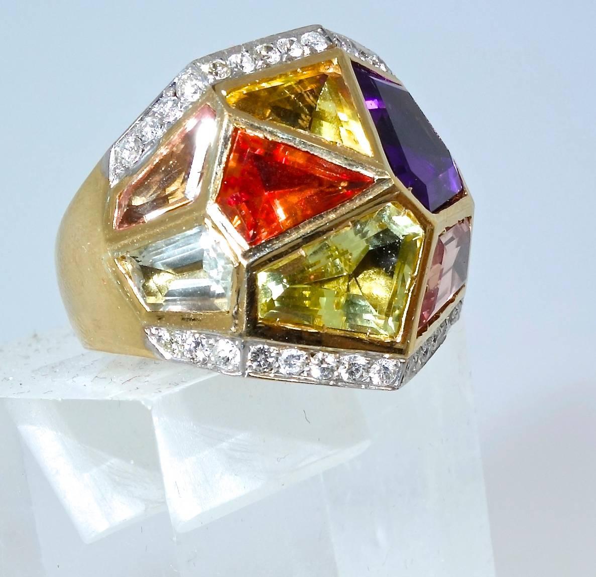 Multi Gem Diamond Gold Ring In Excellent Condition In Aspen, CO