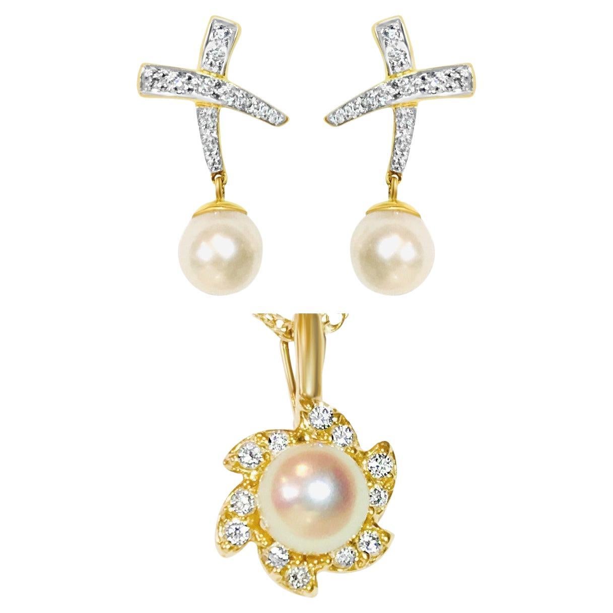 18K, 0.65 CT diamond & pearl; earrings & pendant set For Sale