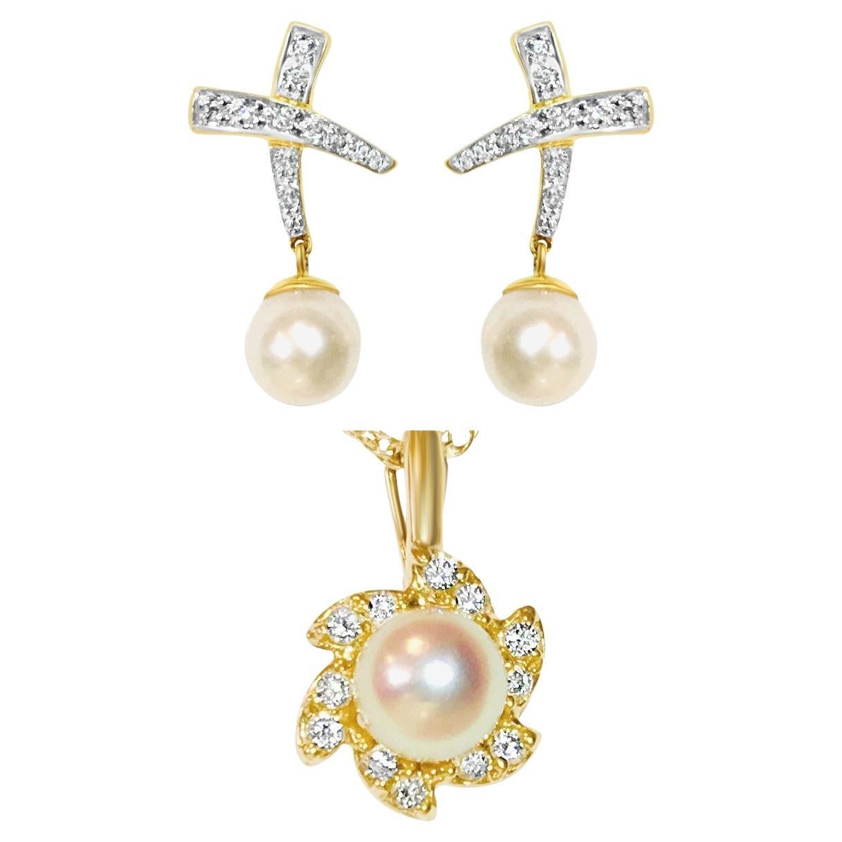 18K 0.65 CT Diamond & Pearl Earrings & Pendant Set