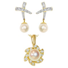 18K 0.65 CT Diamond & Pearl Earrings & Pendant Set