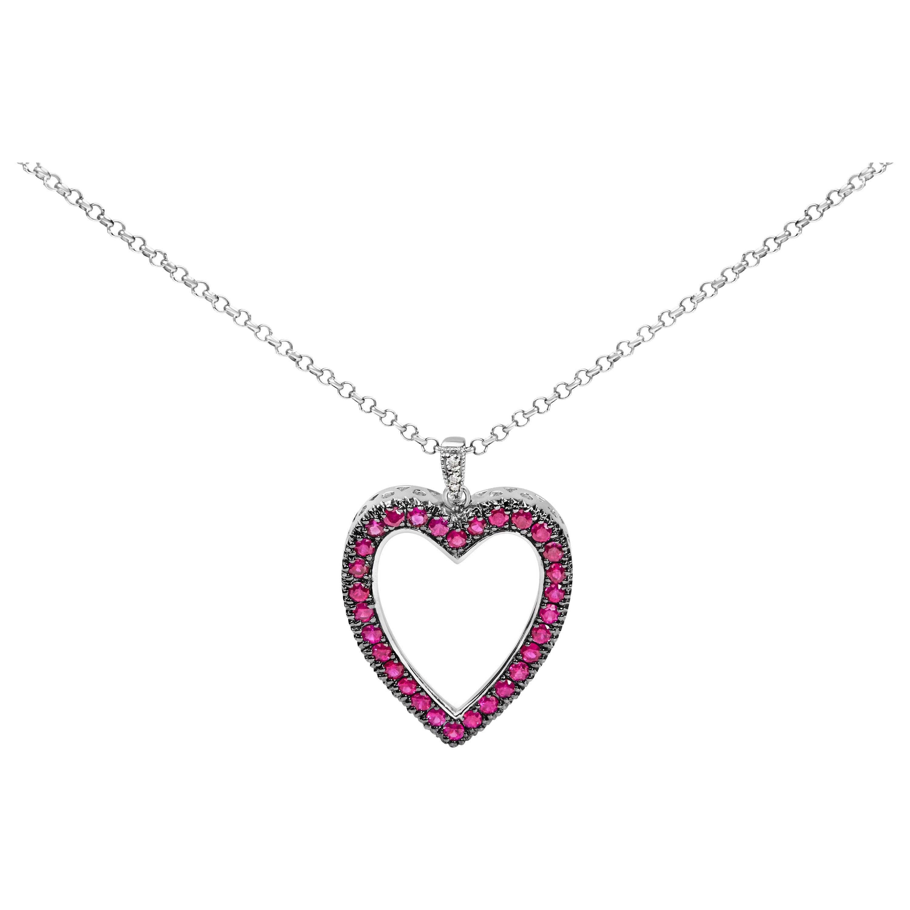 Collier 18K 1/3 Cttw Diamond and Red Ruby Open Heart with Black Rhodium Pendentif