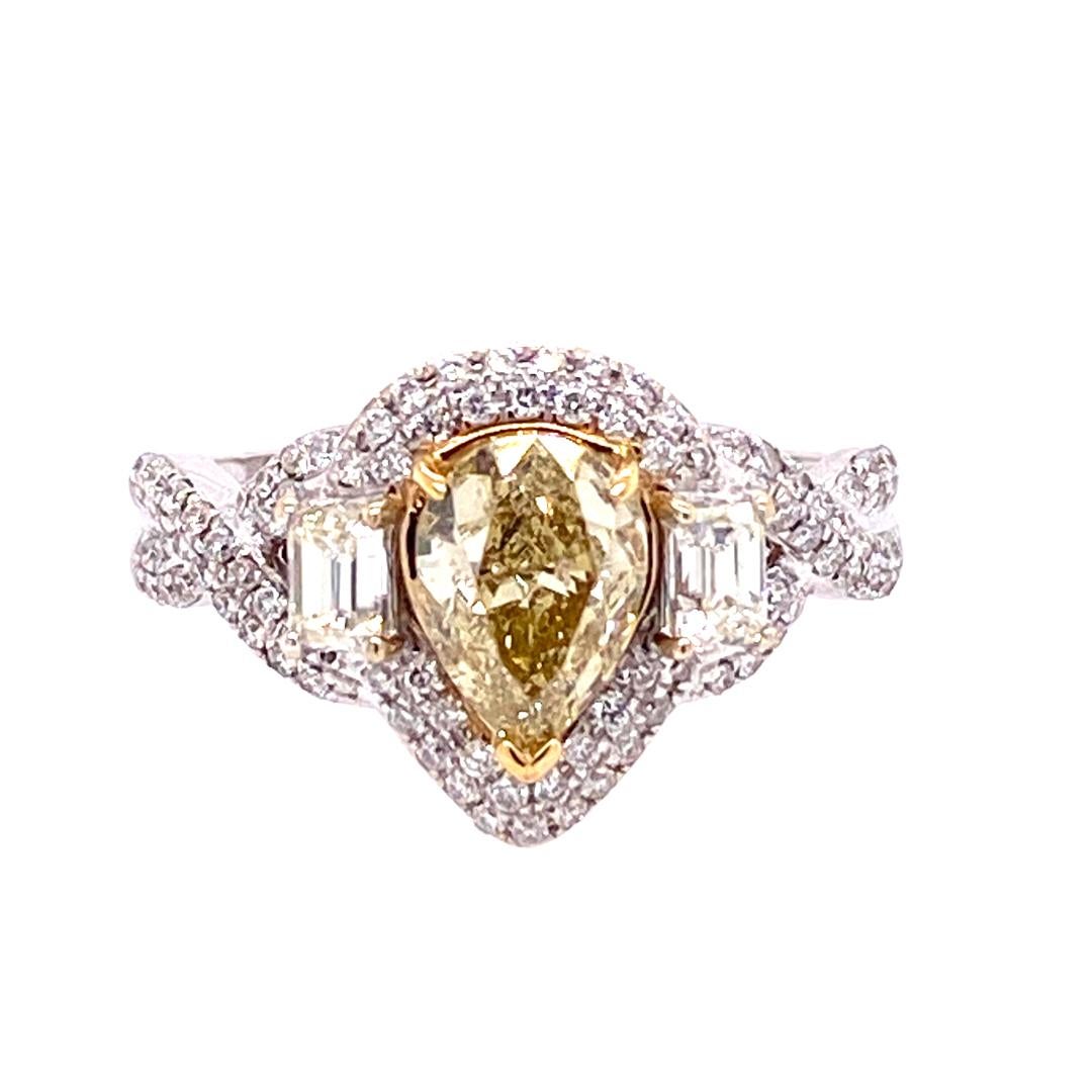 Pear Cut 18K 1 Carat GIA Certified Fancy Yellow Pear Shape Diamond Bridal Two-Tone Gold For Sale