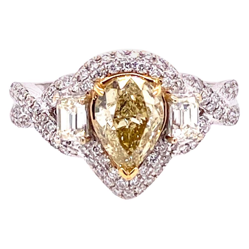 18K 1 Carat GIA Certified Fancy Yellow Pear Shape Diamond Bridal Two-Tone Gold For Sale