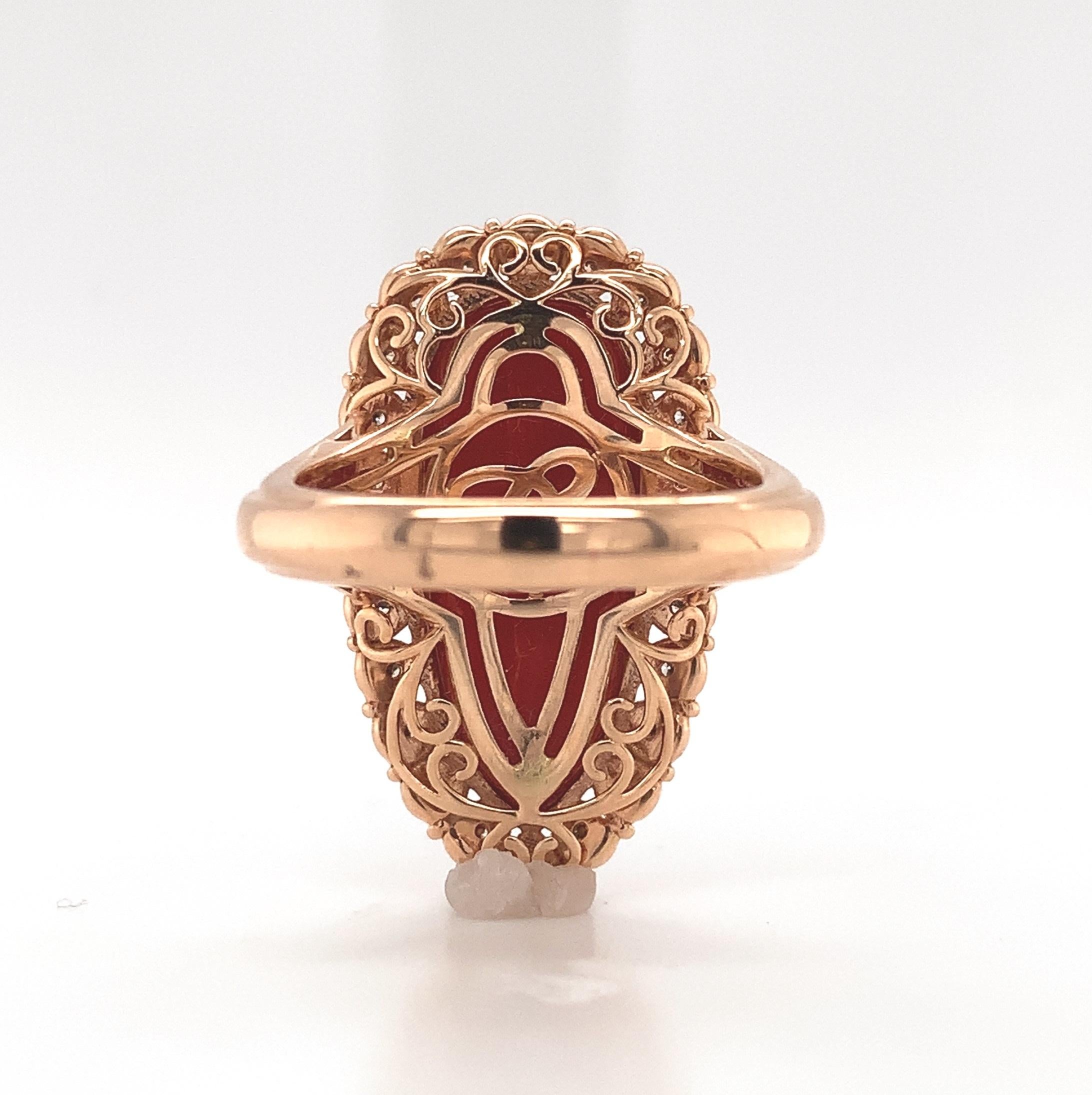 Pear Cut 18k 12.05ct Coral Ring with .32ct Diamonds For Sale