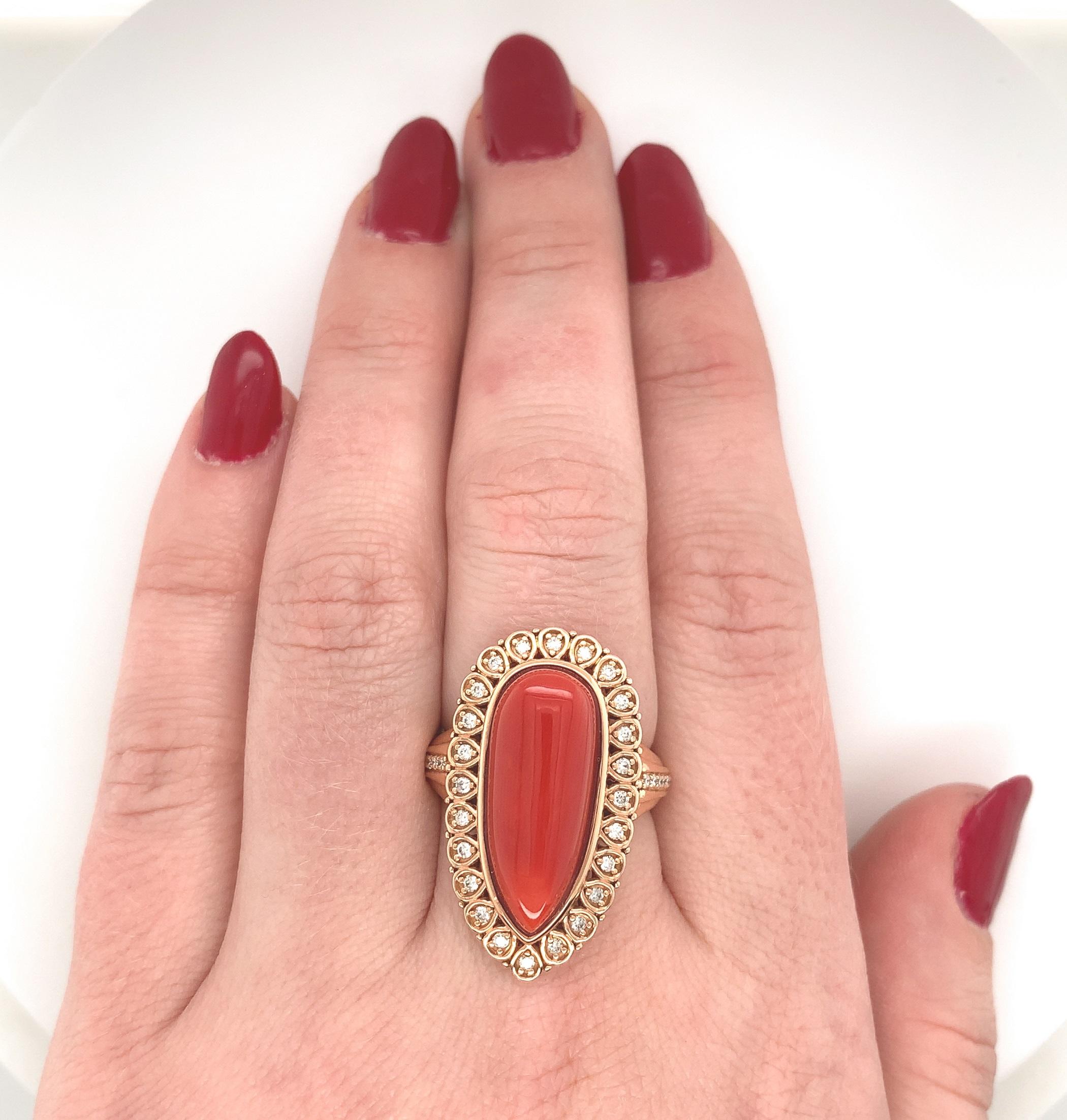 18k 12.05ct Coral Ring with .32ct Diamonds In New Condition For Sale In Big Bend, WI