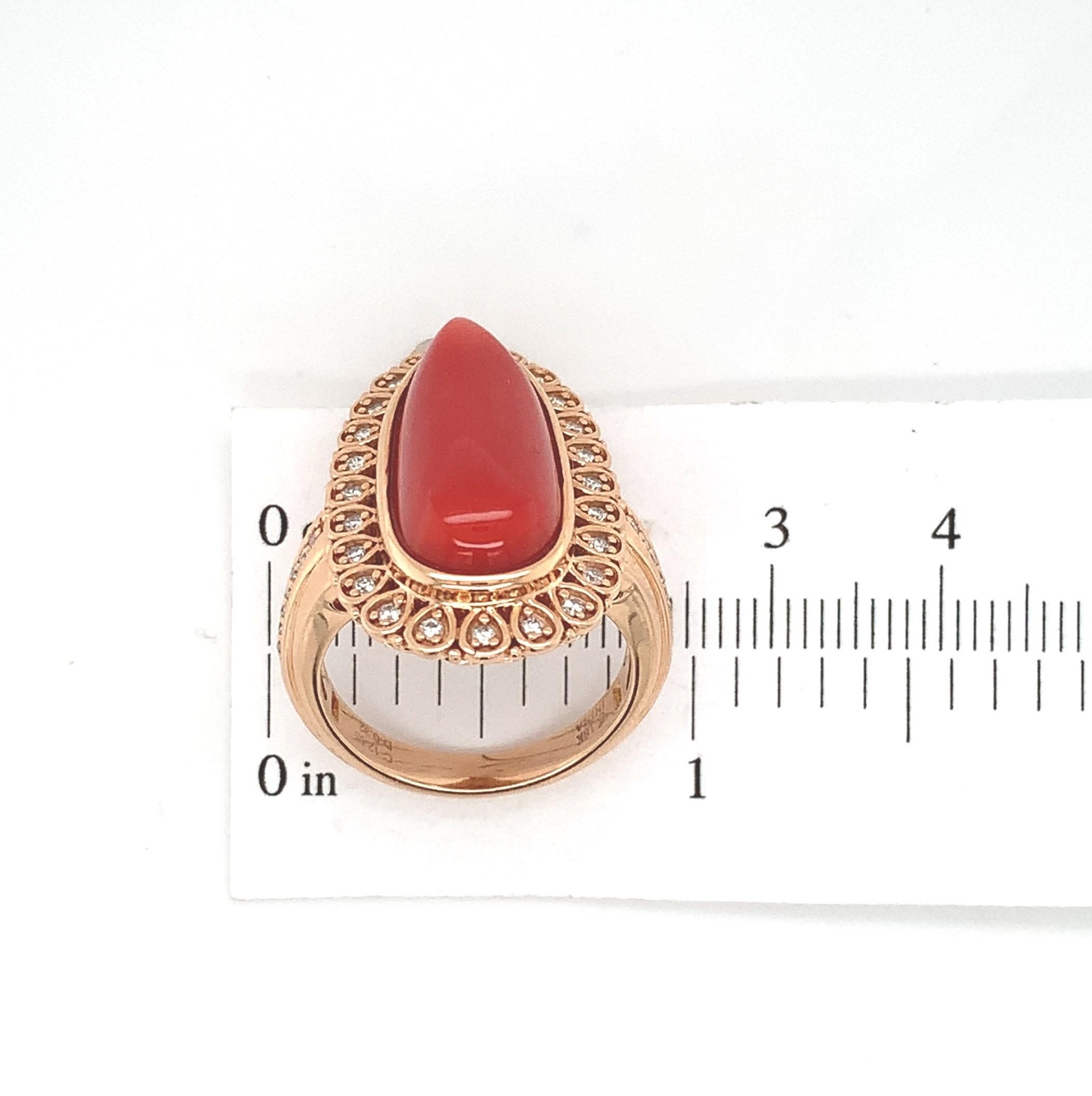 18k 12.05ct Coral Ring with .32ct Diamonds For Sale 4