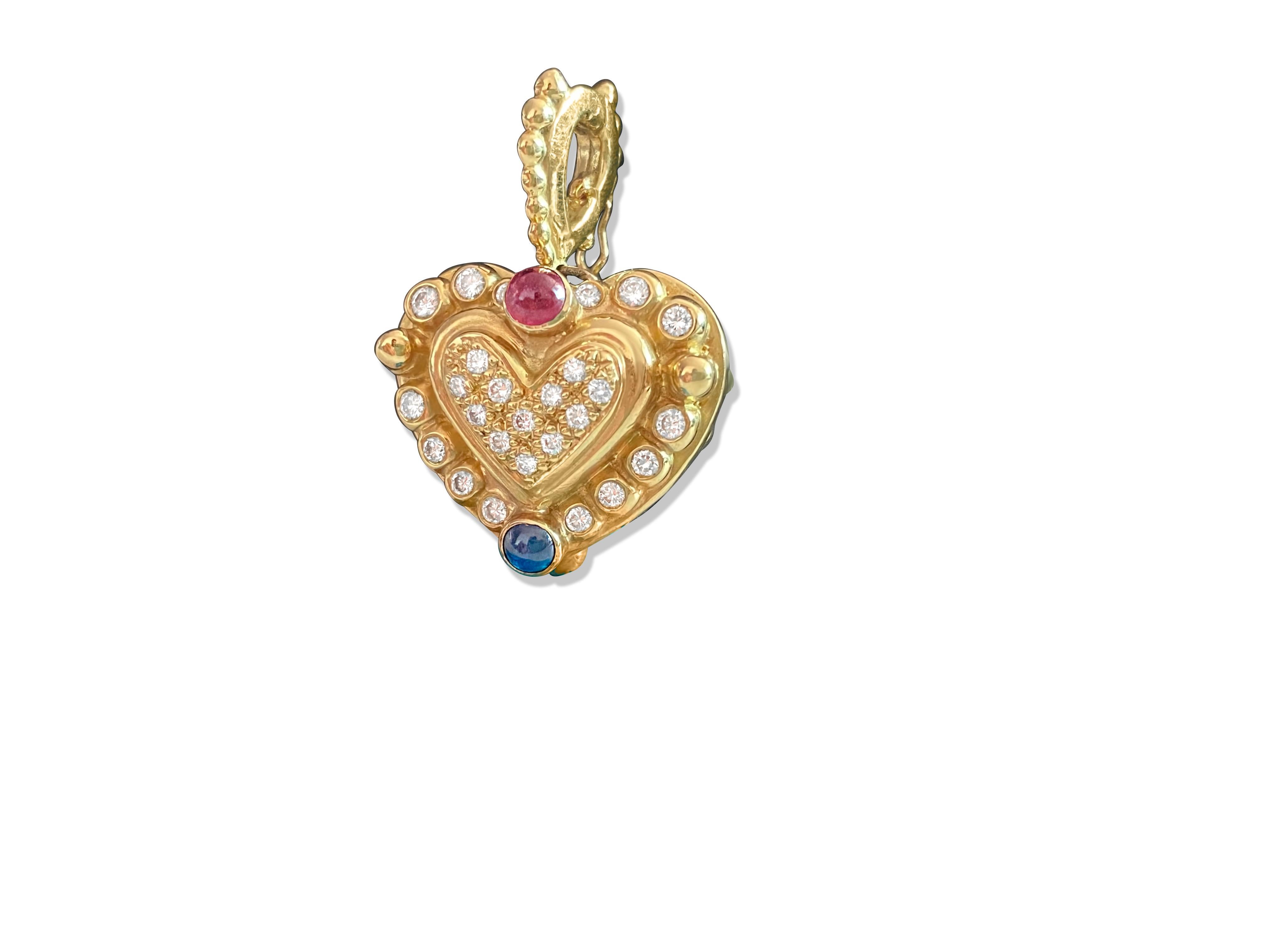 Round Cut 18K, 1.25 CT diamond, ruby and sapphire Heart Pendant For Sale