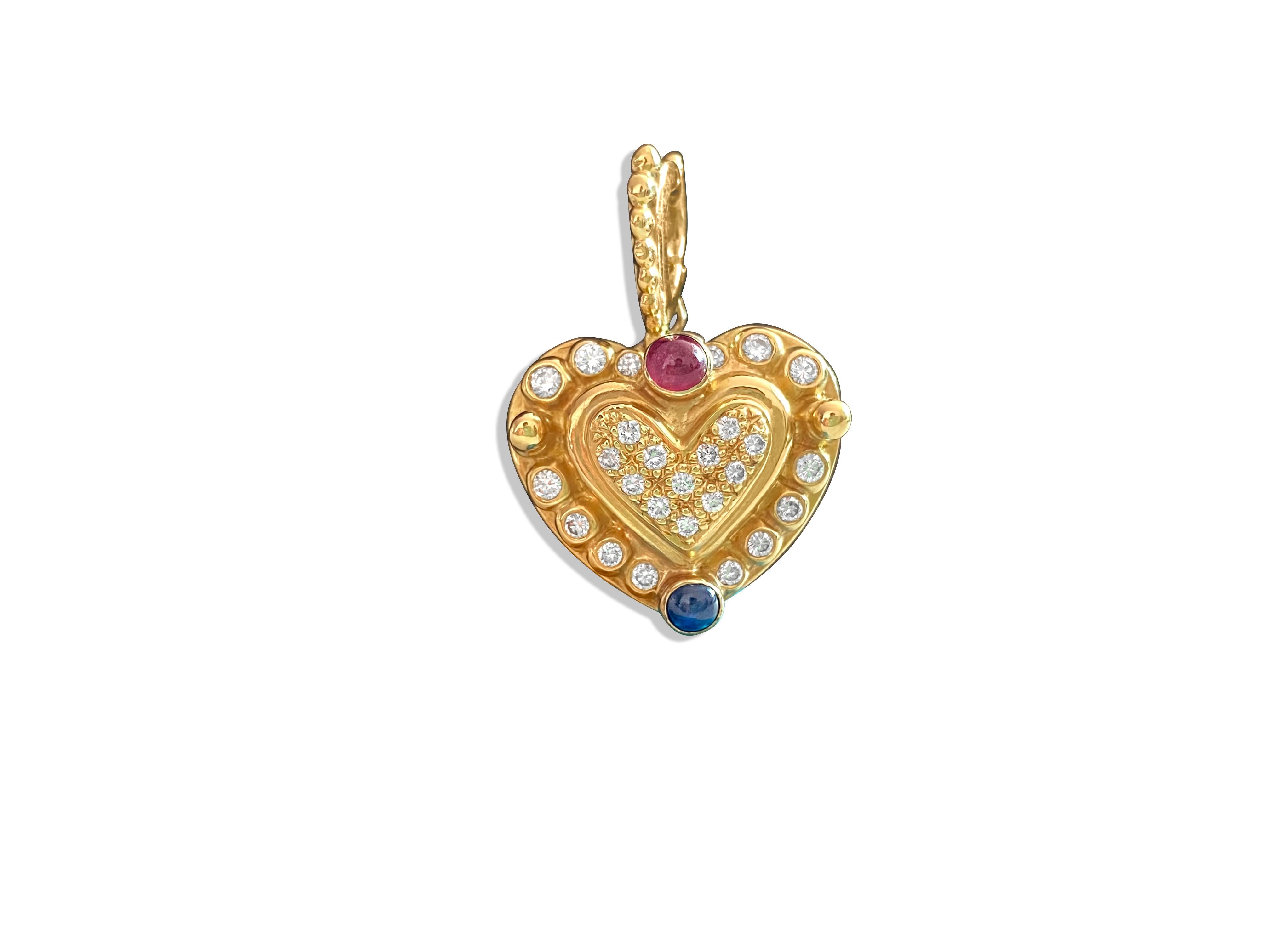 18K, 1.25 CT diamond, ruby and sapphire Heart Pendant In Excellent Condition For Sale In Miami, FL