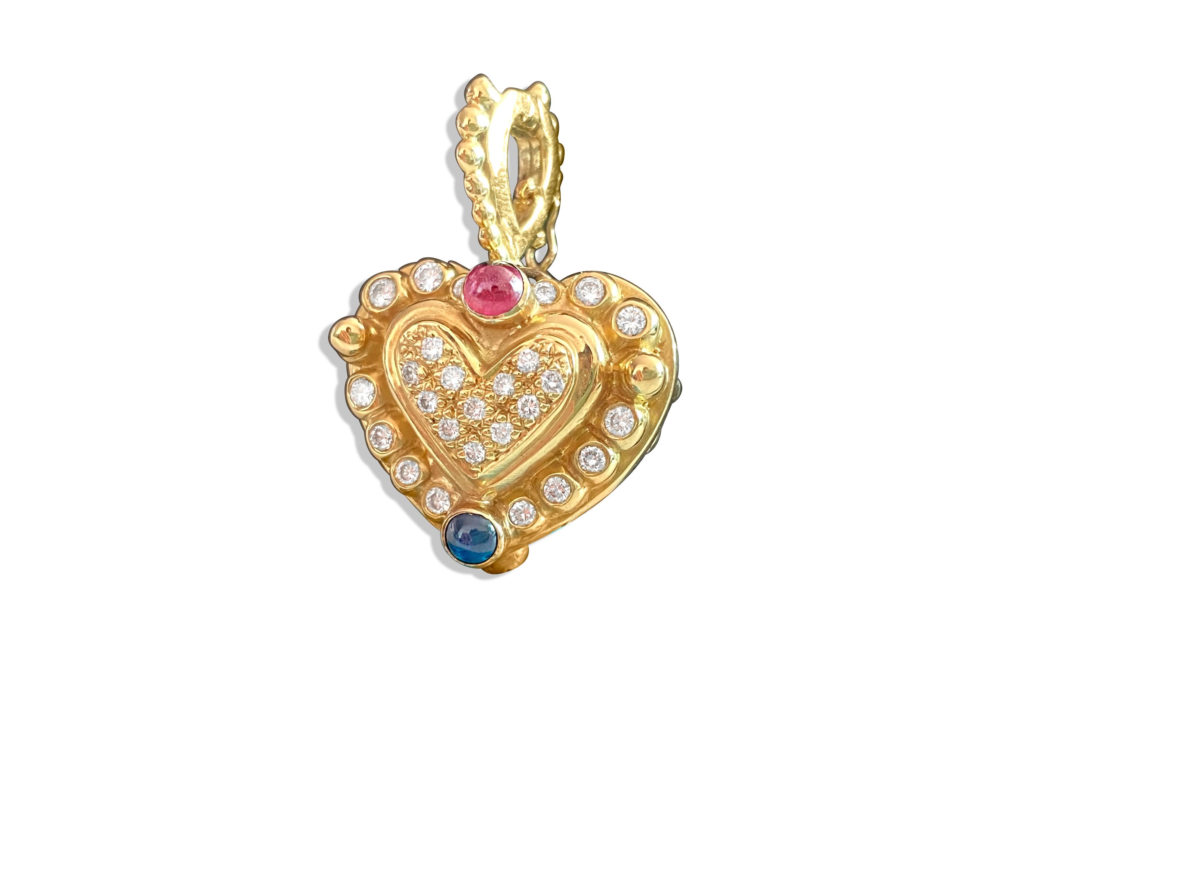 18K, 1.25 CT diamond, ruby and sapphire Heart Pendant In Excellent Condition For Sale In Miami, FL