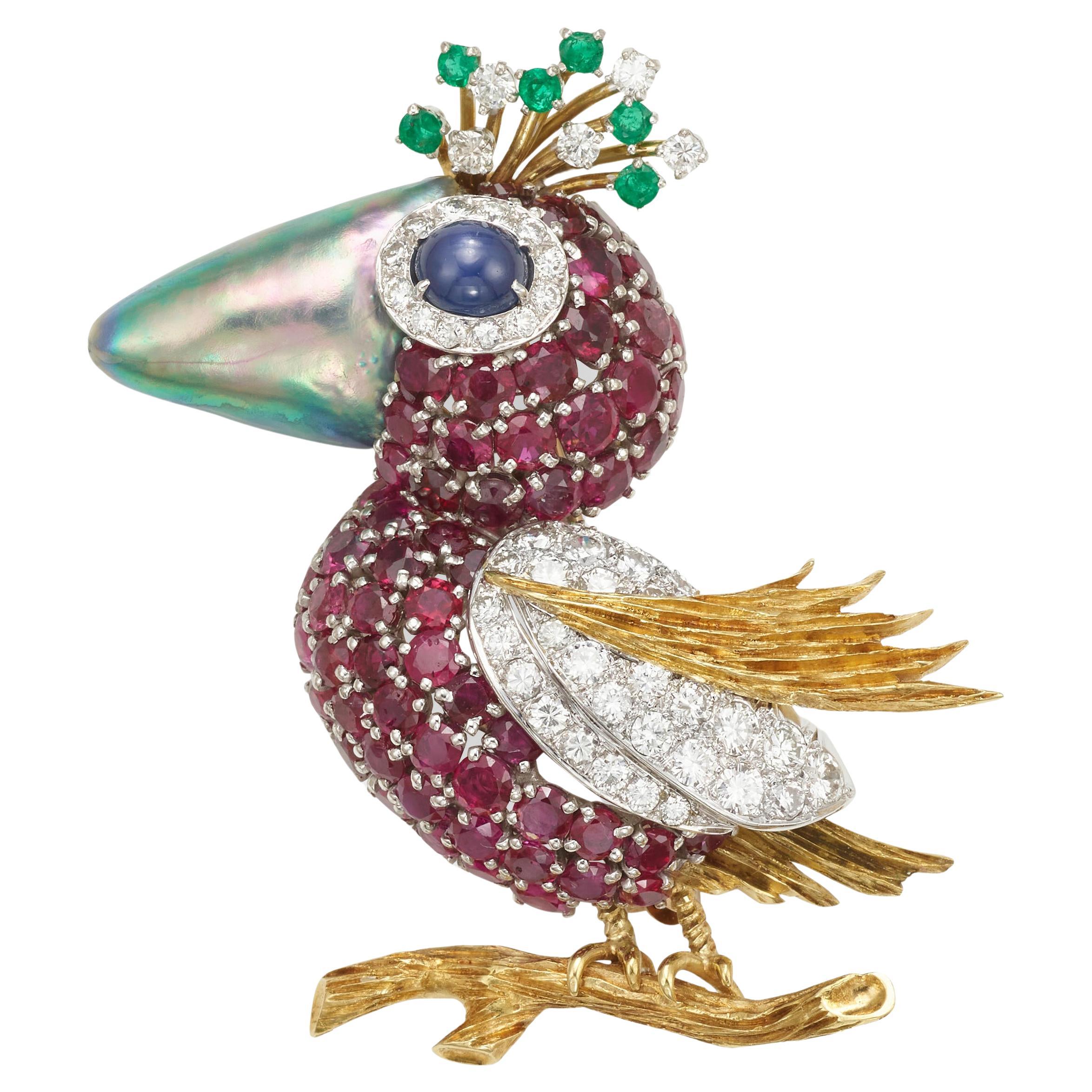 18k & 14k Gold Bird Brooch w/ Cultured Abalone, Star Sapphire, Ruby & Diamond