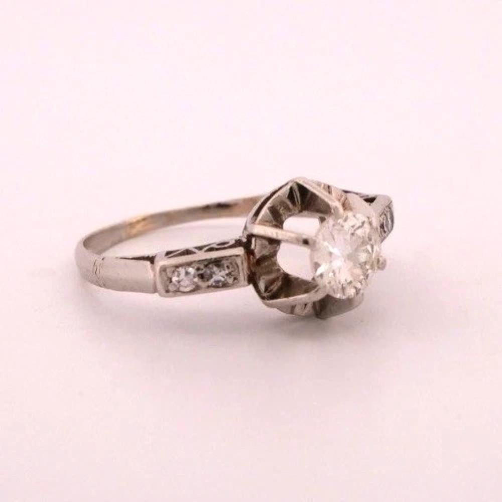 Art déco 18K/14K White Gold 0.45CT Vintage Transitional Round Diamond Engagement Ring en vente