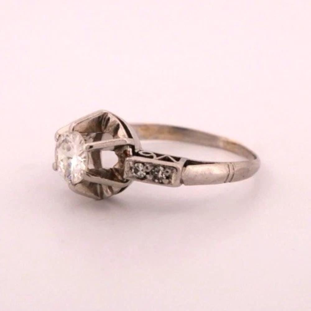 Taille ronde 18K/14K White Gold 0.45CT Vintage Transitional Round Diamond Engagement Ring en vente